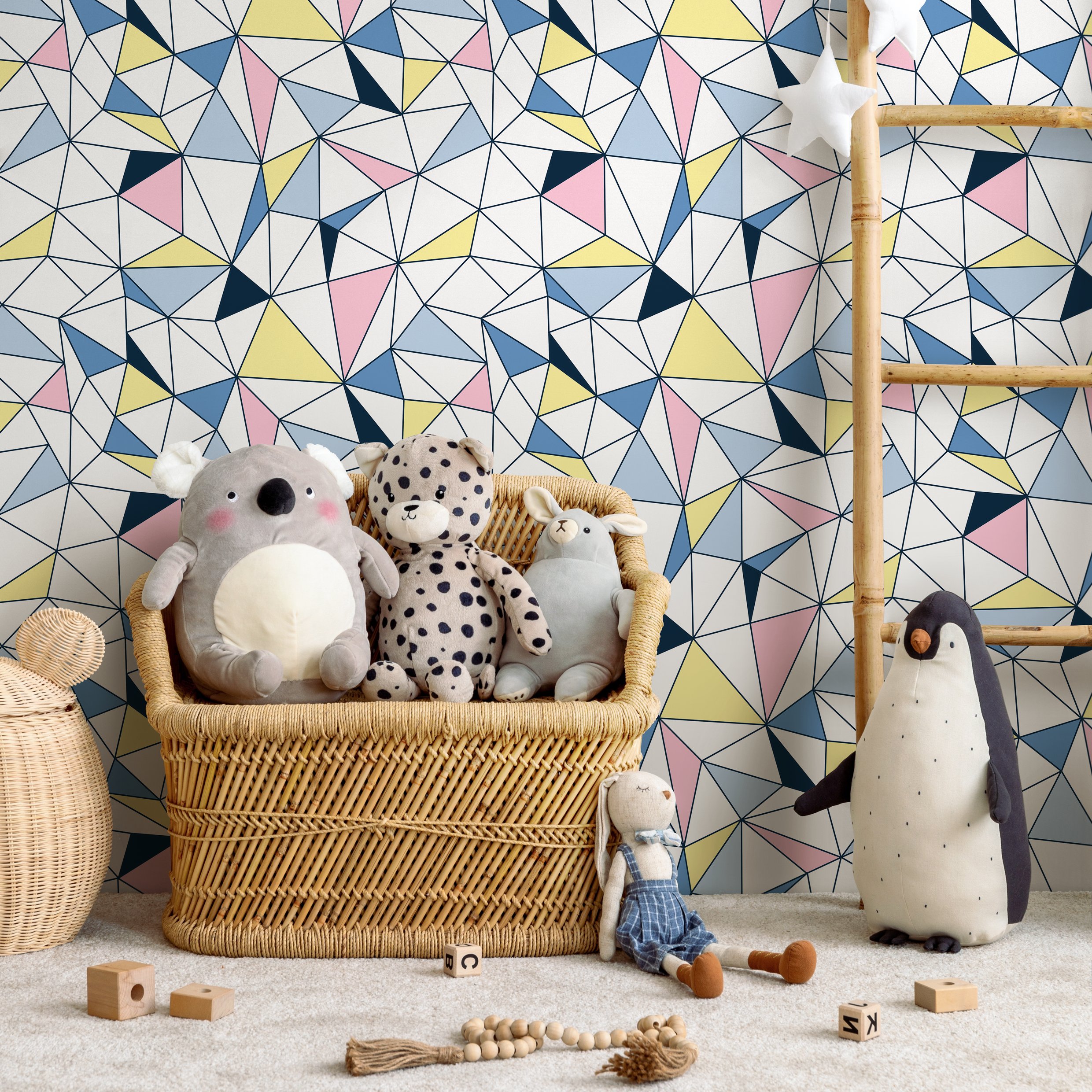 Geometric Wallpaper Featuring A Colorful Triangle Mosaic In Blue, Pink, And Yellow - B731