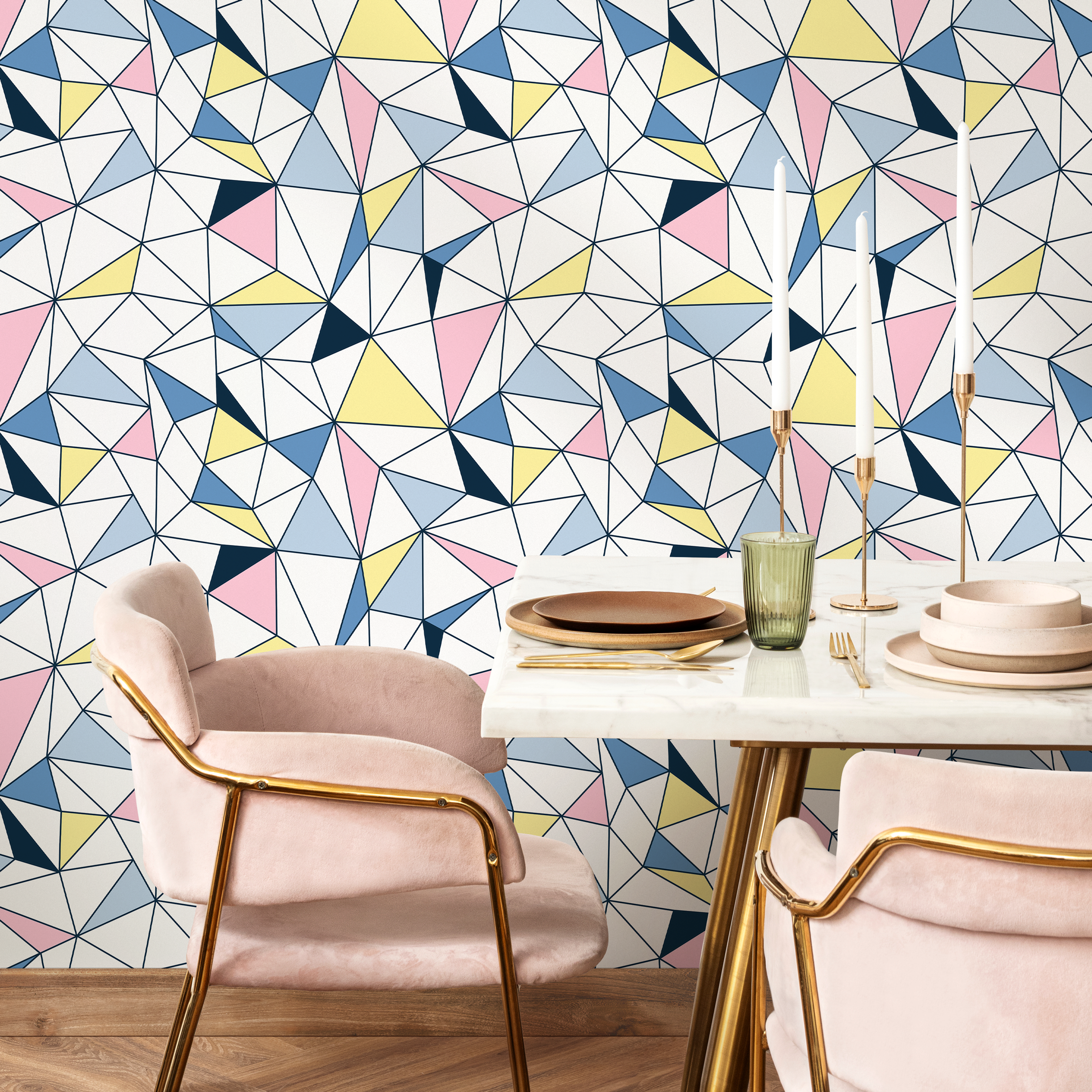 Geometric Wallpaper Featuring A Colorful Triangle Mosaic In Blue, Pink, And Yellow - B731