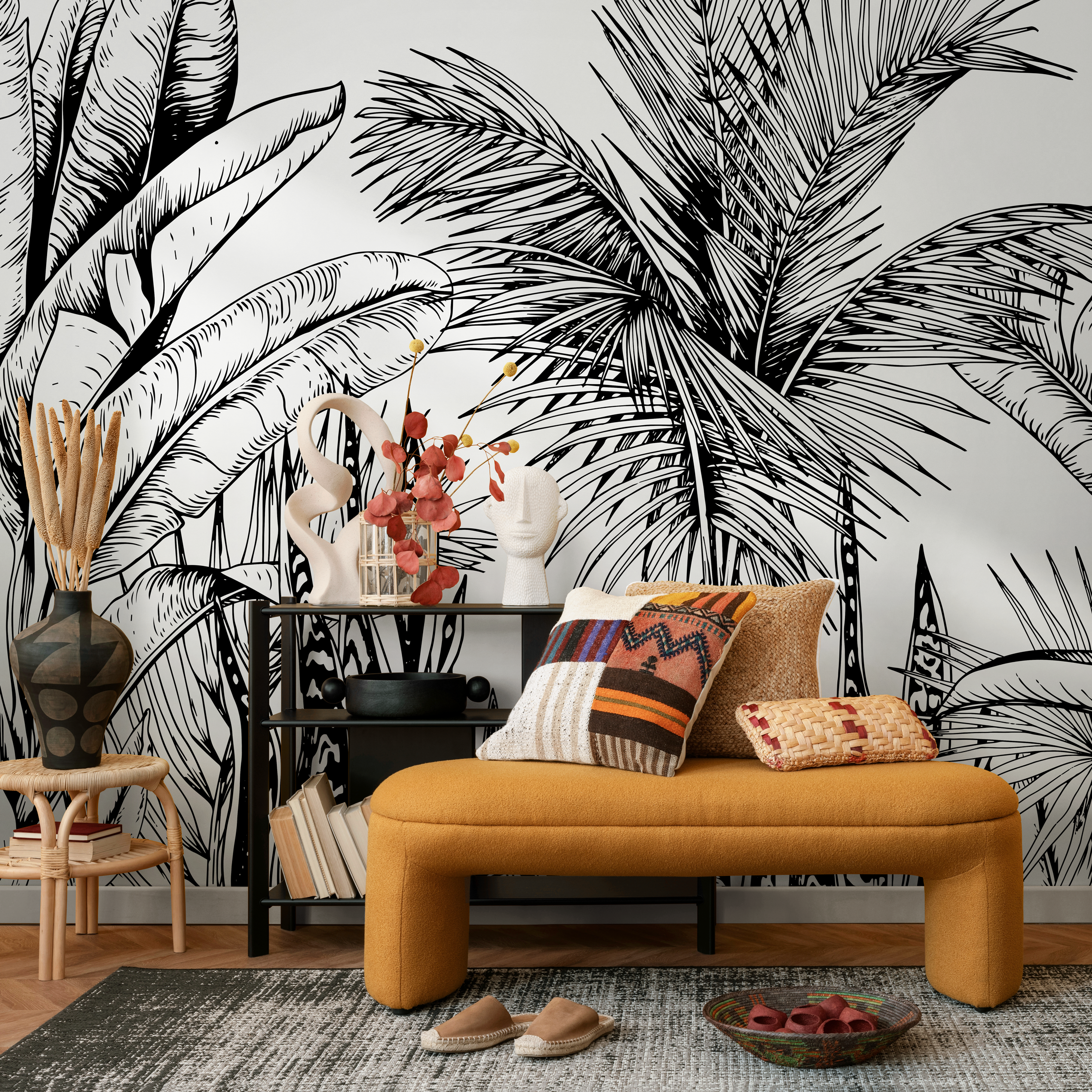 Botanical Wallpaper With Hand-drawn Tropical Leaves In Black And White - B732