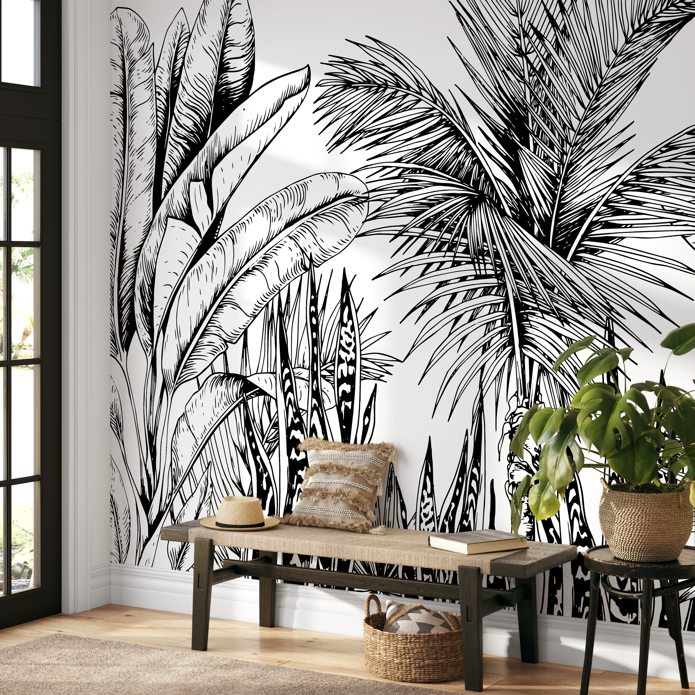 Botanical Wallpaper With Hand-drawn Tropical Leaves In Black And White - B732