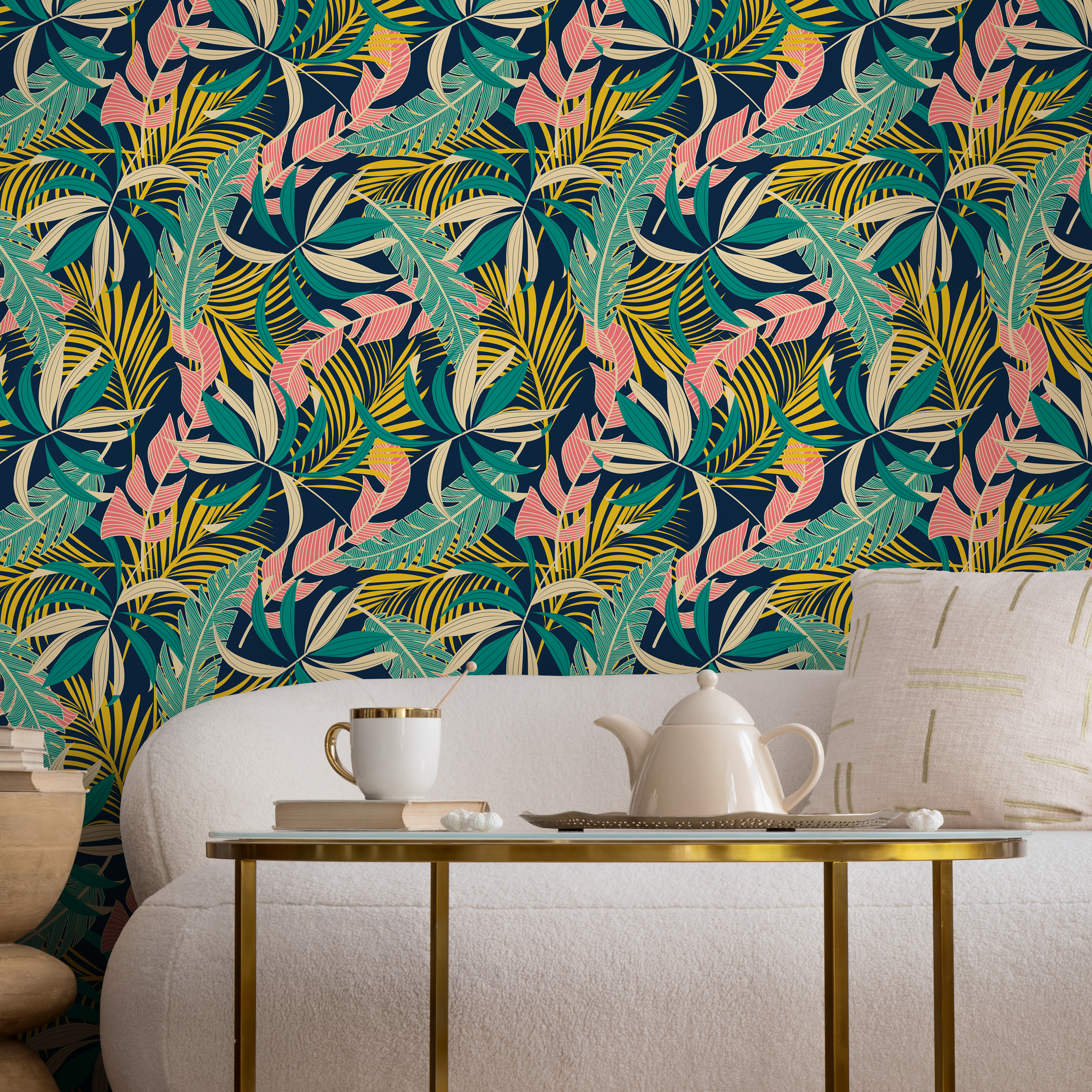 Tropical Wallpaper With Layered Palm Leaves In Teal, Yellow, And Pink - B733