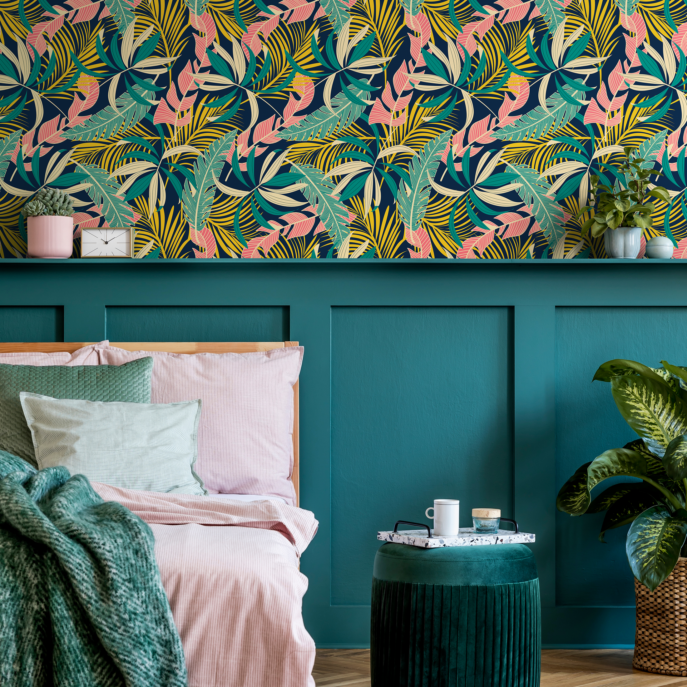 Tropical Wallpaper With Layered Palm Leaves In Teal, Yellow, And Pink - B733