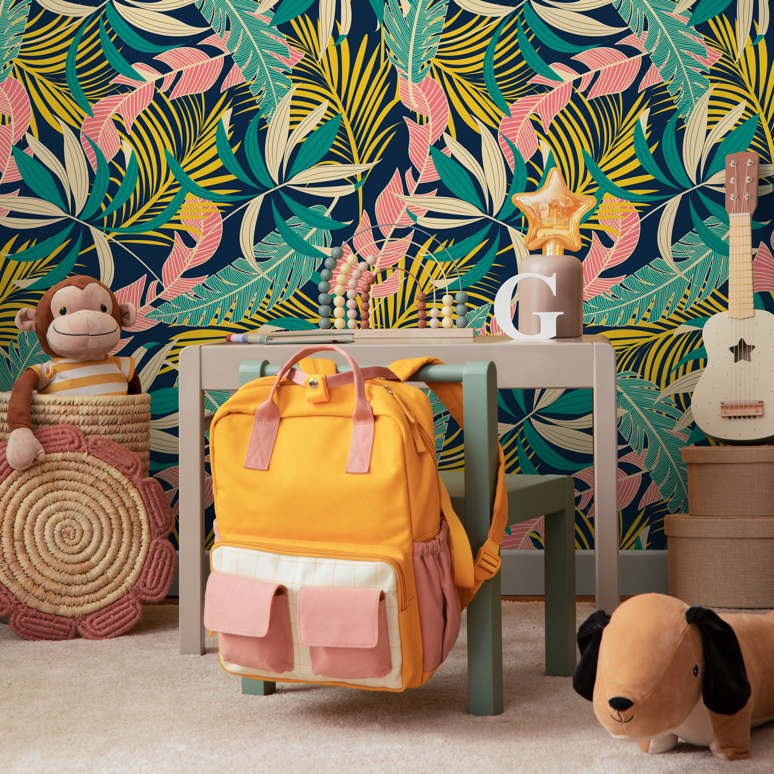 Tropical Wallpaper With Layered Palm Leaves In Teal, Yellow, And Pink - B733