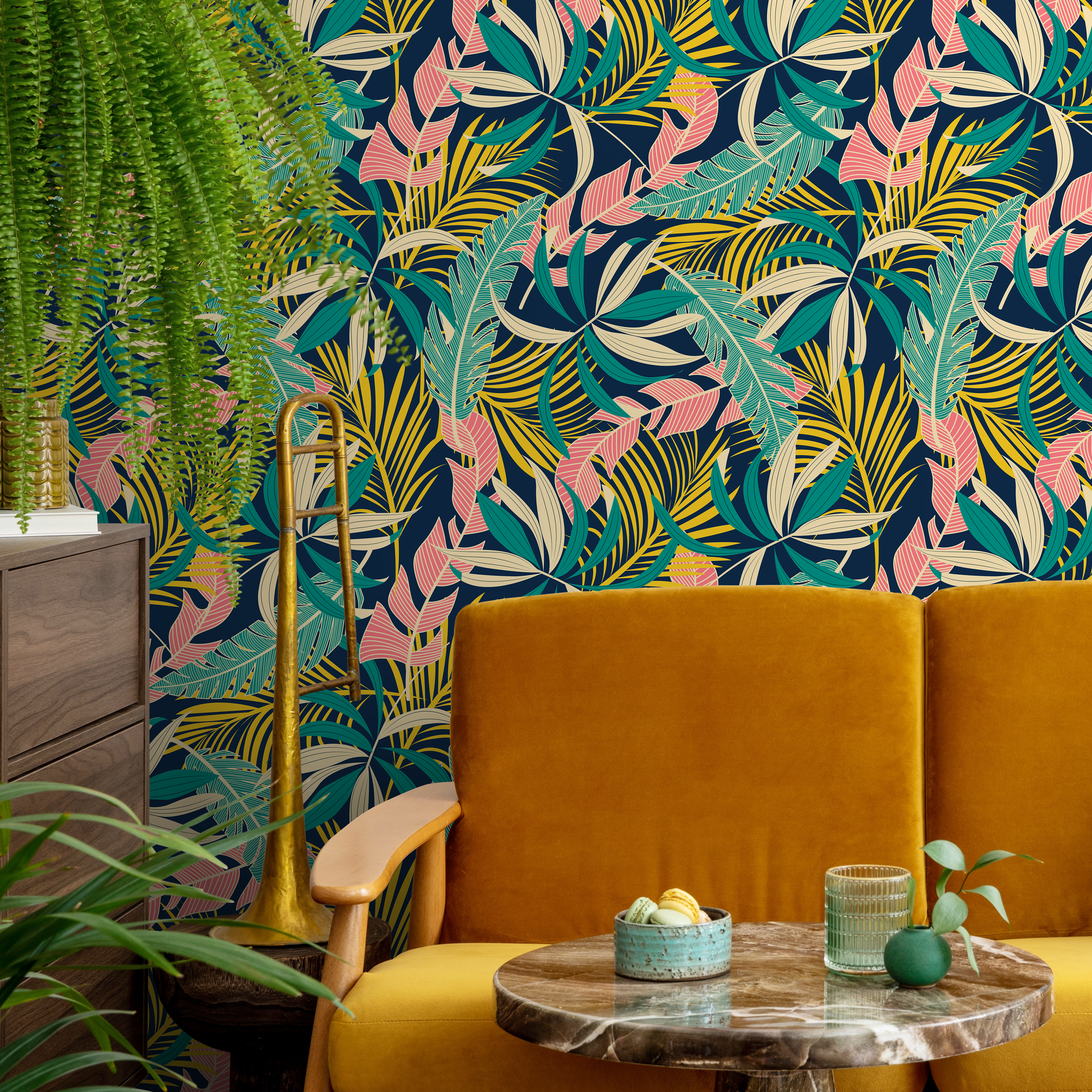 Tropical Wallpaper With Layered Palm Leaves In Teal, Yellow, And Pink - B733