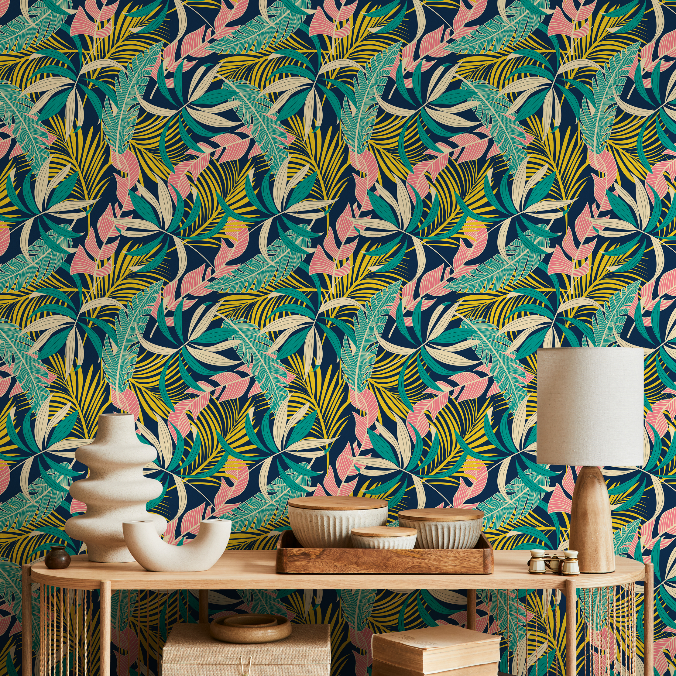 Tropical Wallpaper With Layered Palm Leaves In Teal, Yellow, And Pink - B733