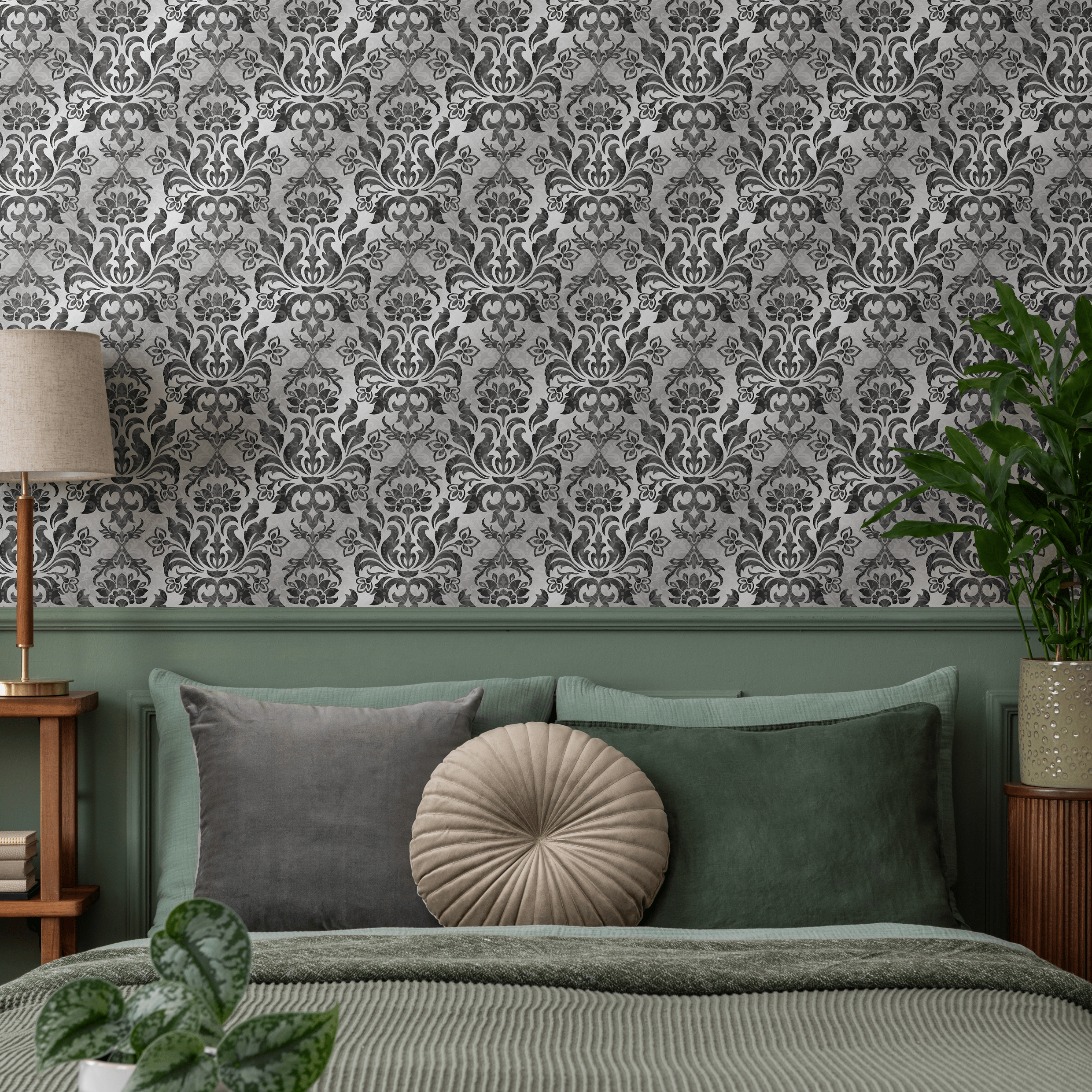 Damask Wallpaper With An Elegant Vintage Motif In Black And Grey - B734