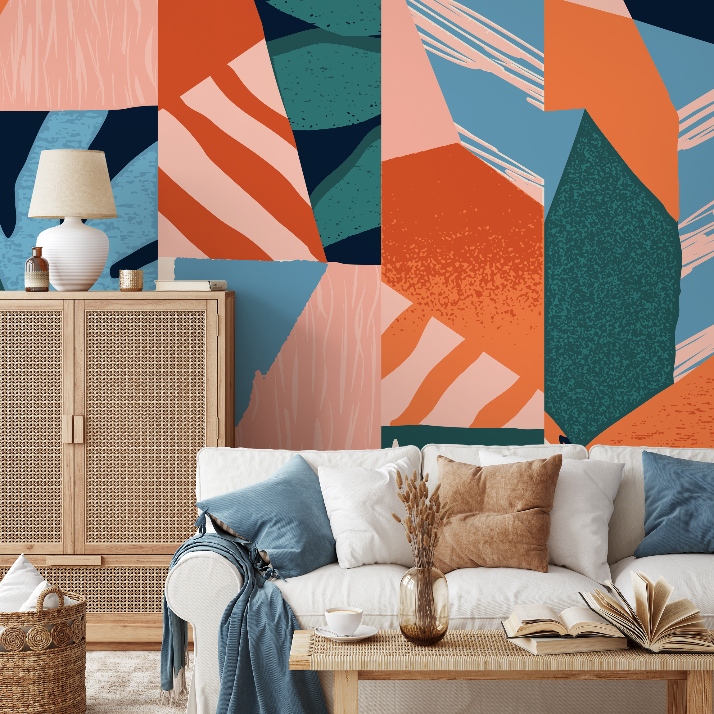Abstract Wallpaper With A Modern Textured Collage In Terracotta, Blue, And Teal - B736