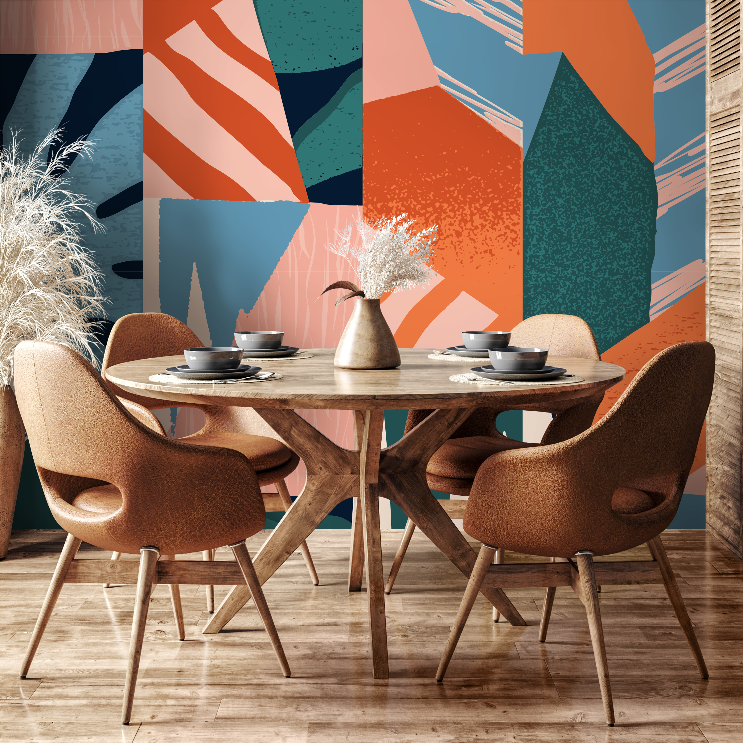 Abstract Wallpaper With A Modern Textured Collage In Terracotta, Blue, And Teal - B736