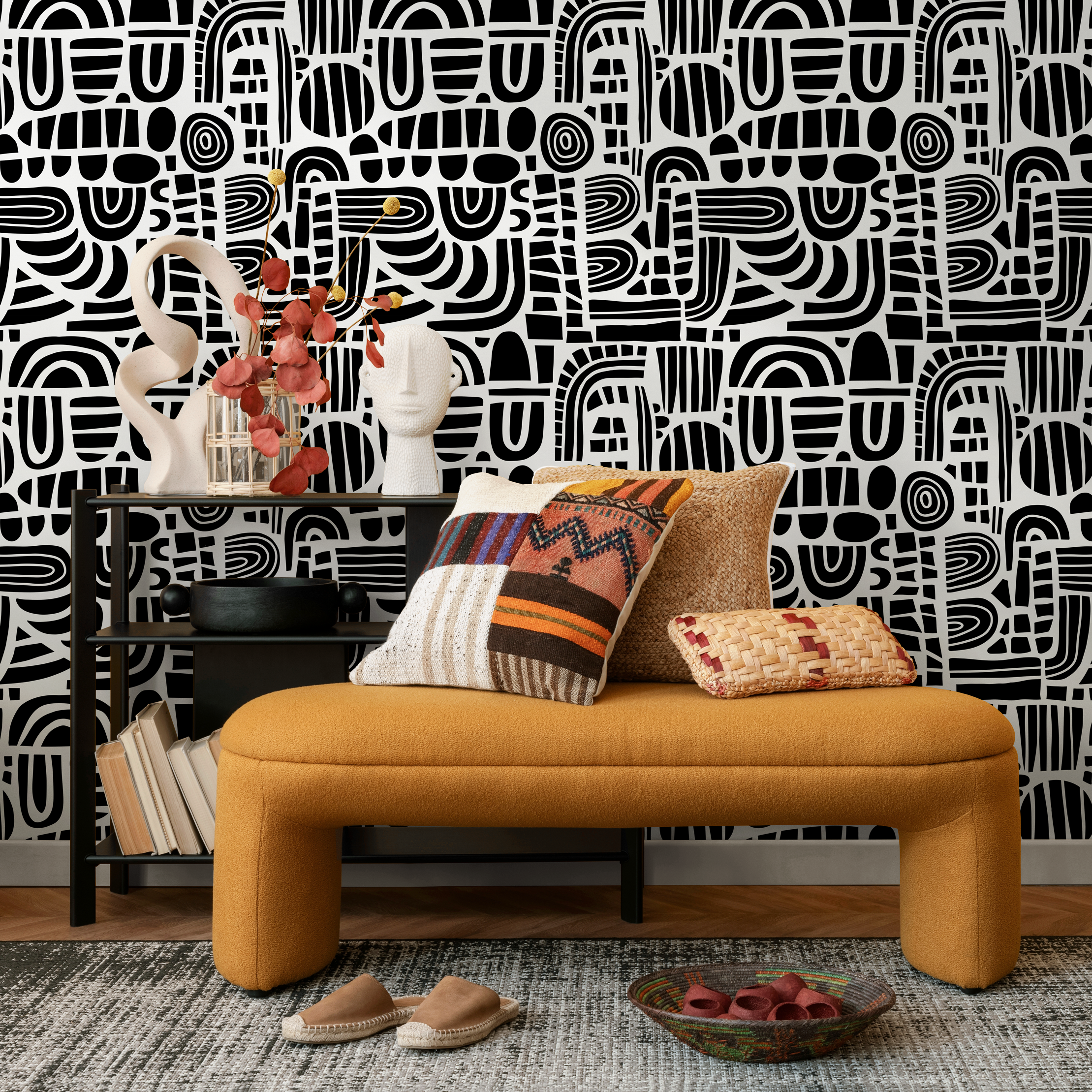 Abstract Wallpaper With A Graphic Block Print Motif In Black And White - B737