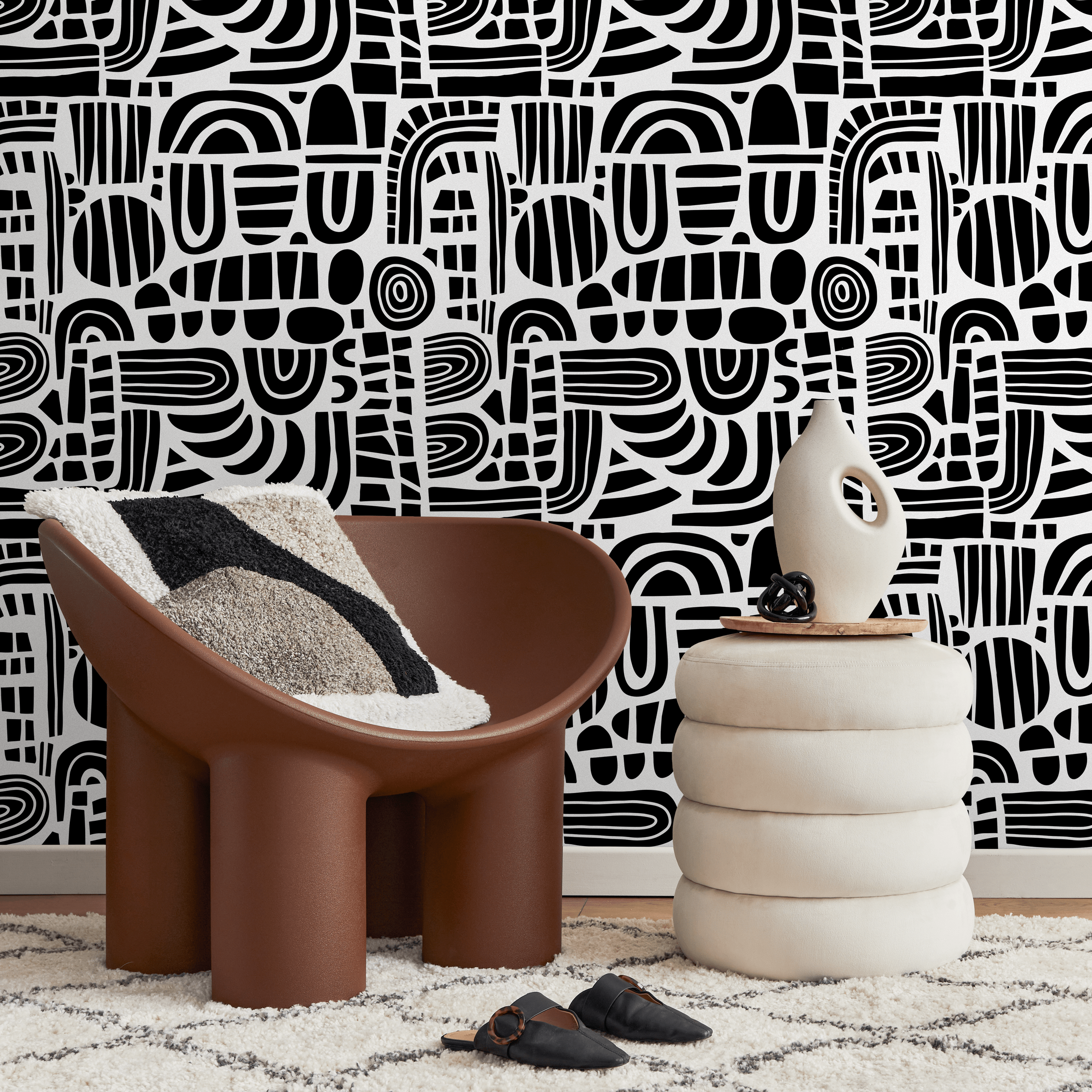 Abstract Wallpaper With A Graphic Block Print Motif In Black And White - B737