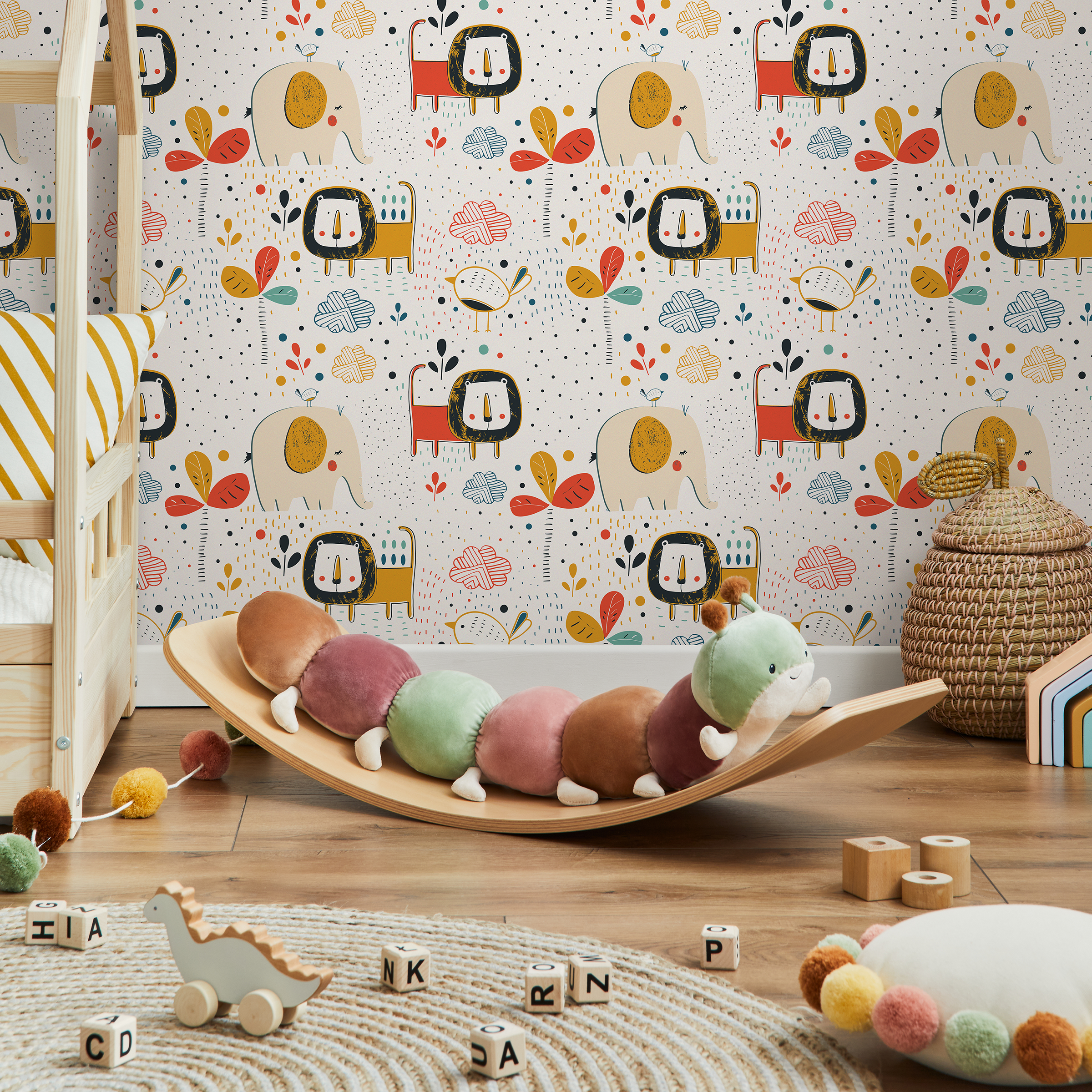 Animal Wallpaper With Nordic Style Lions And Elephants In Red, Yellow, And Blue - B738