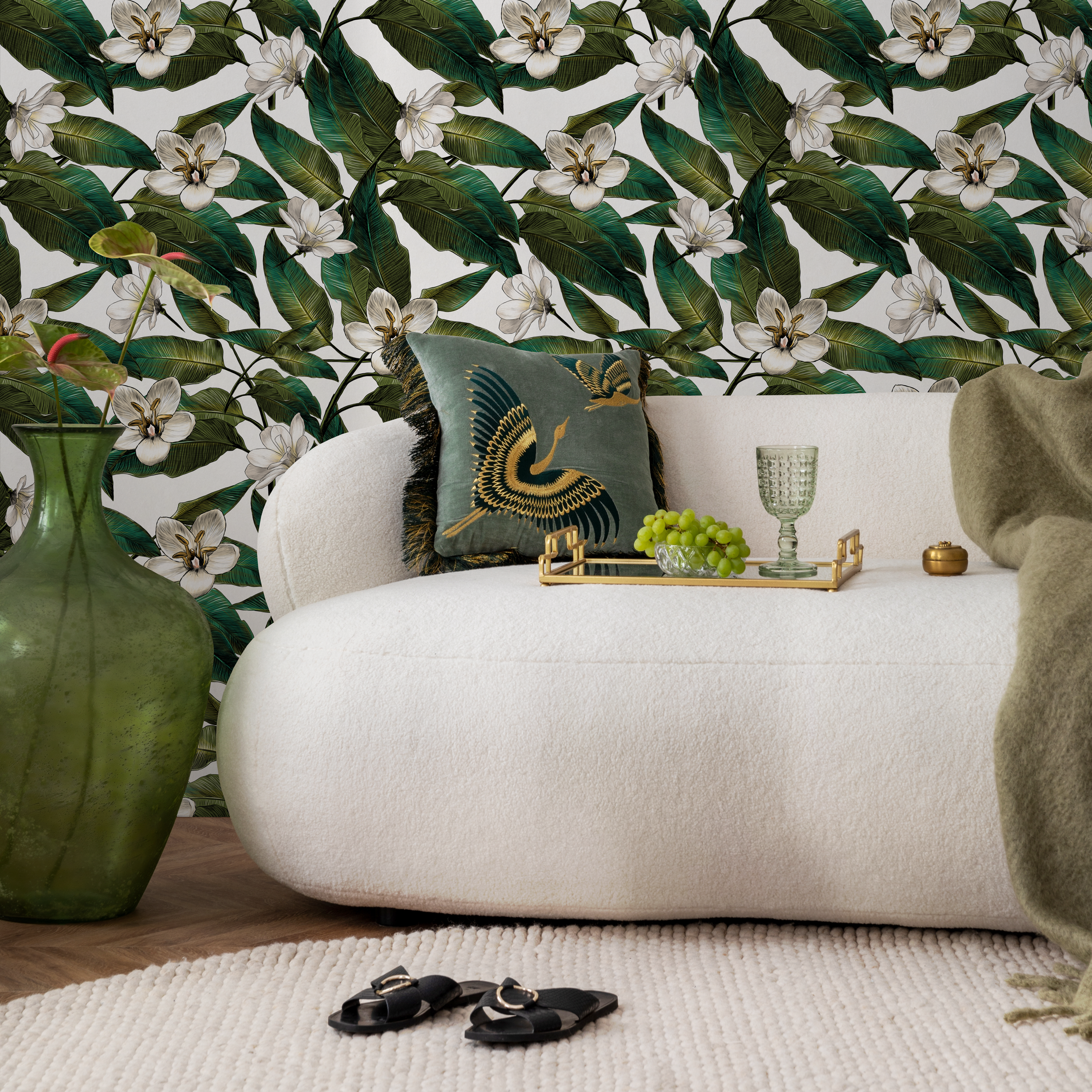 Botanical Wallpaper With Lush Tropical Leaves And White Flowers In Green And White - B739