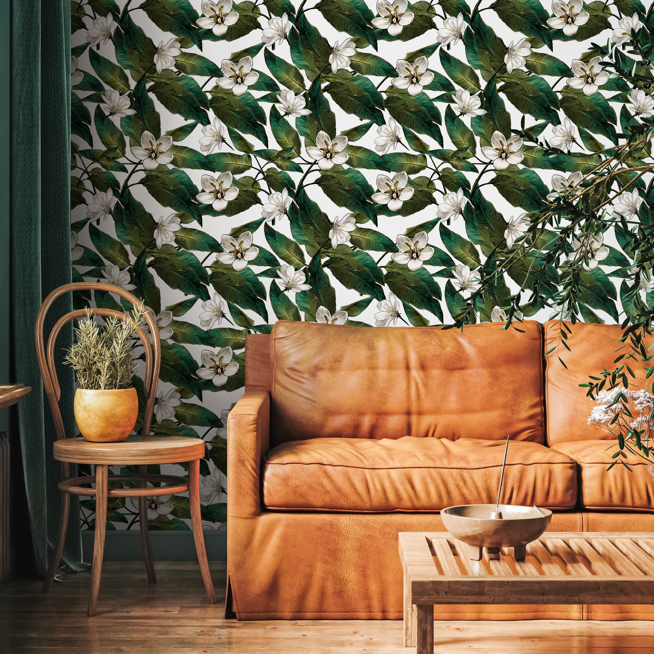 Botanical Wallpaper With Lush Tropical Leaves And White Flowers In Green And White - B739