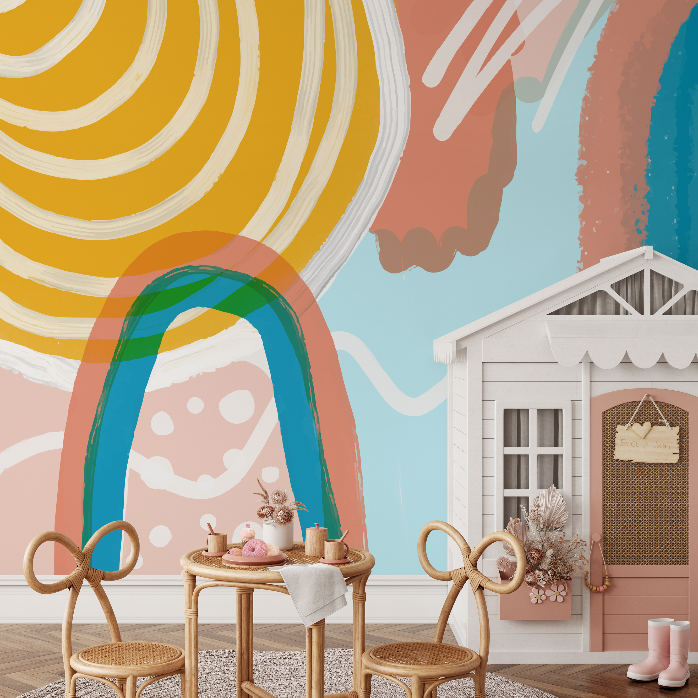 Abstract Wallpaper With A Rainbow Motif In Yellow, Blue, And Terracotta - B740