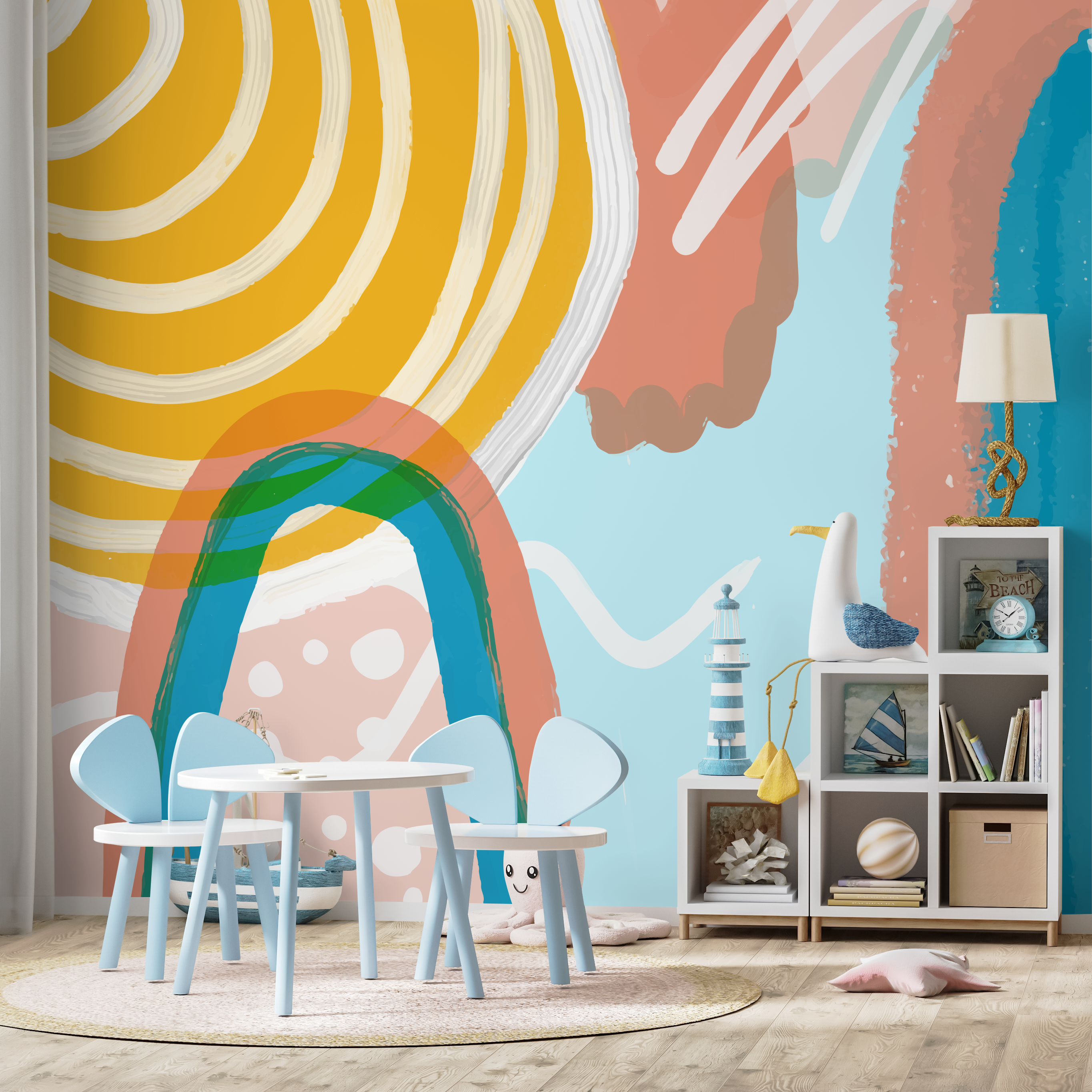 Abstract Wallpaper With A Rainbow Motif In Yellow, Blue, And Terracotta - B740
