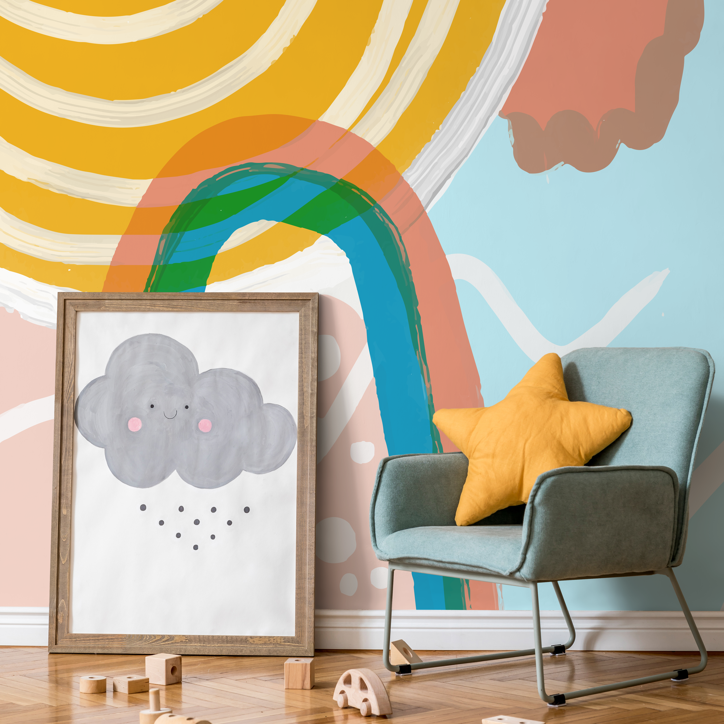 Abstract Wallpaper With A Rainbow Motif In Yellow, Blue, And Terracotta - B740