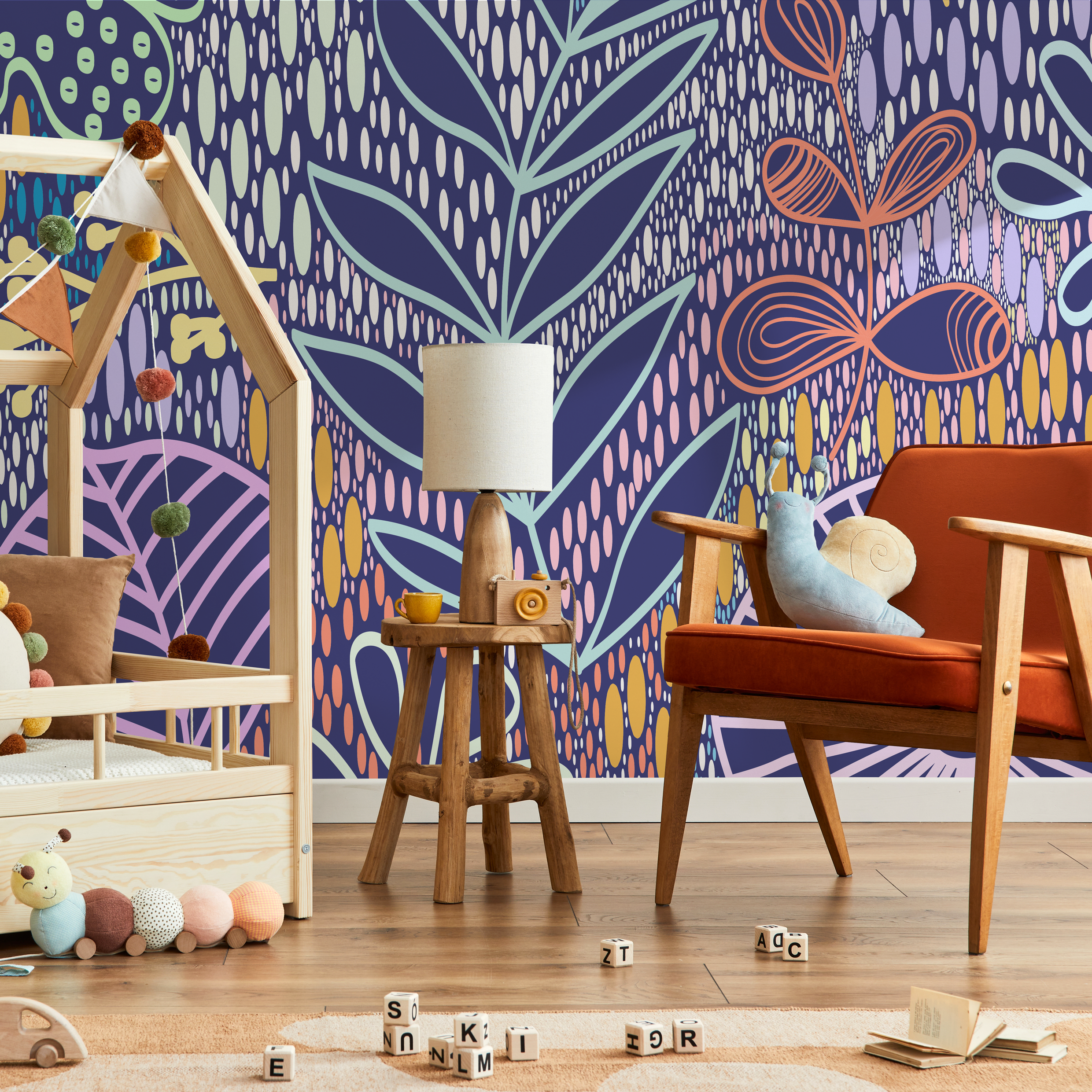 Abstract Wallpaper With Whimsical Foliage In Navy Blue, Orange, And Green - B741