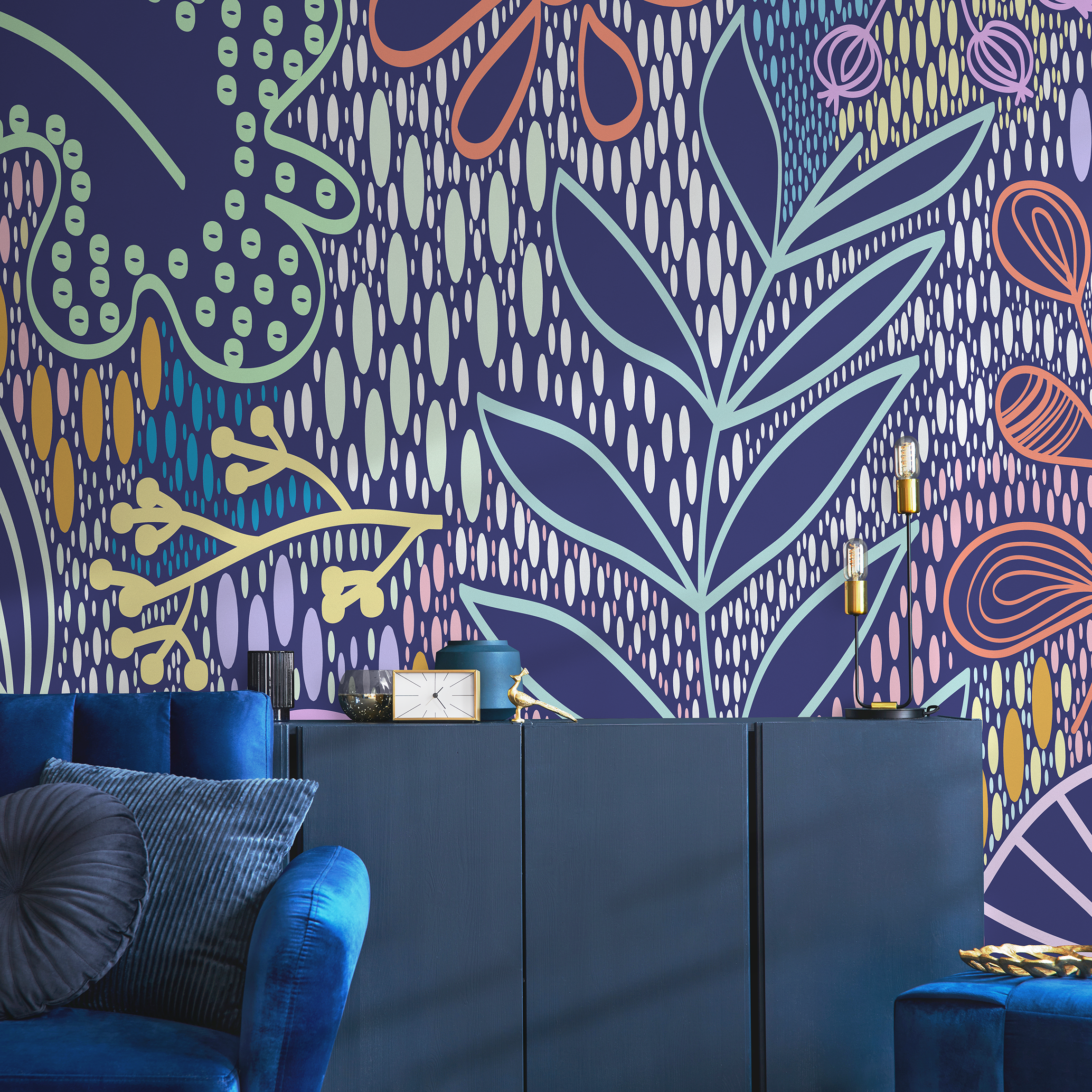 Abstract Wallpaper With Whimsical Foliage In Navy Blue, Orange, And Green - B741