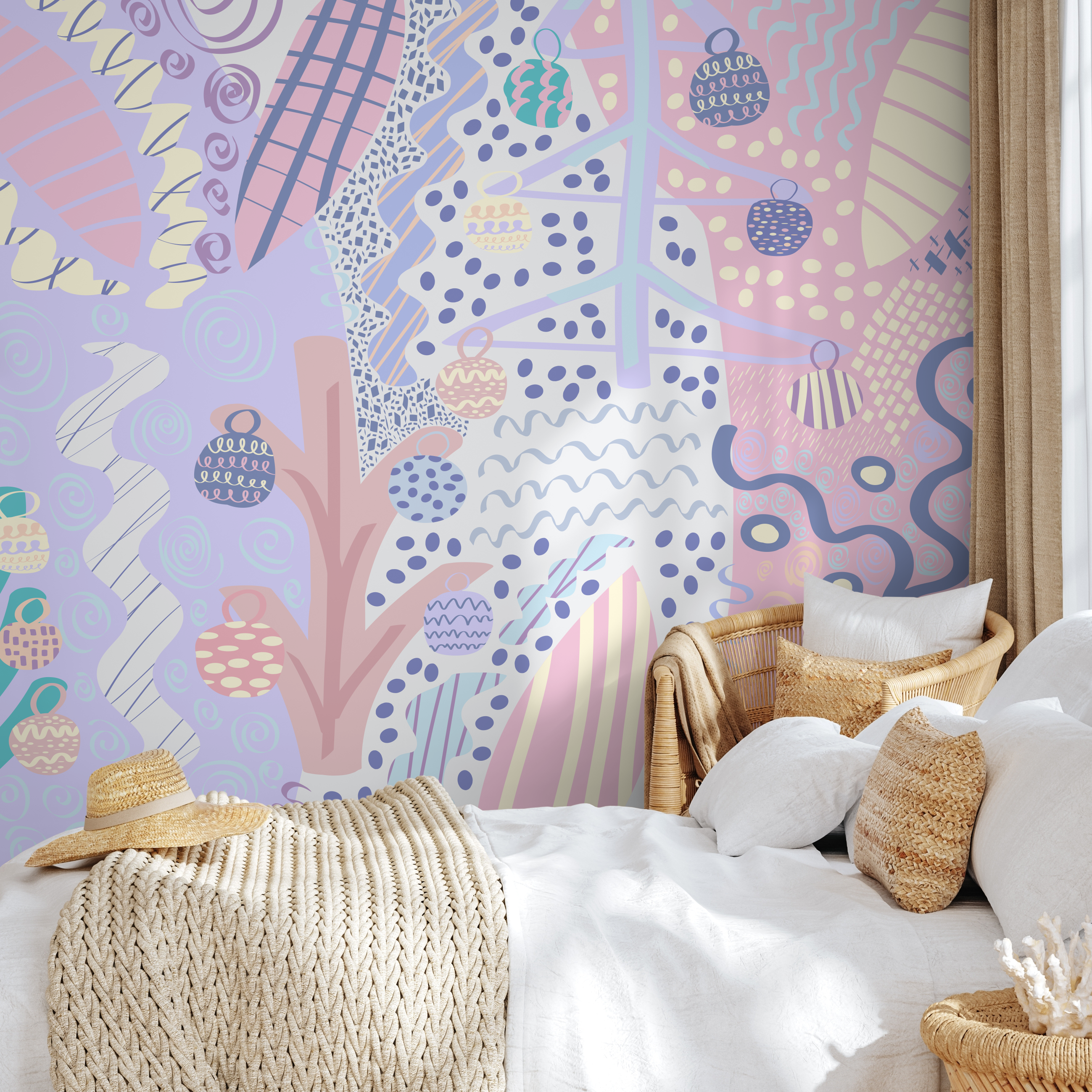 Abstract Wallpaper With Whimsical Doodles In Pink, Blue, And Lavender - B742