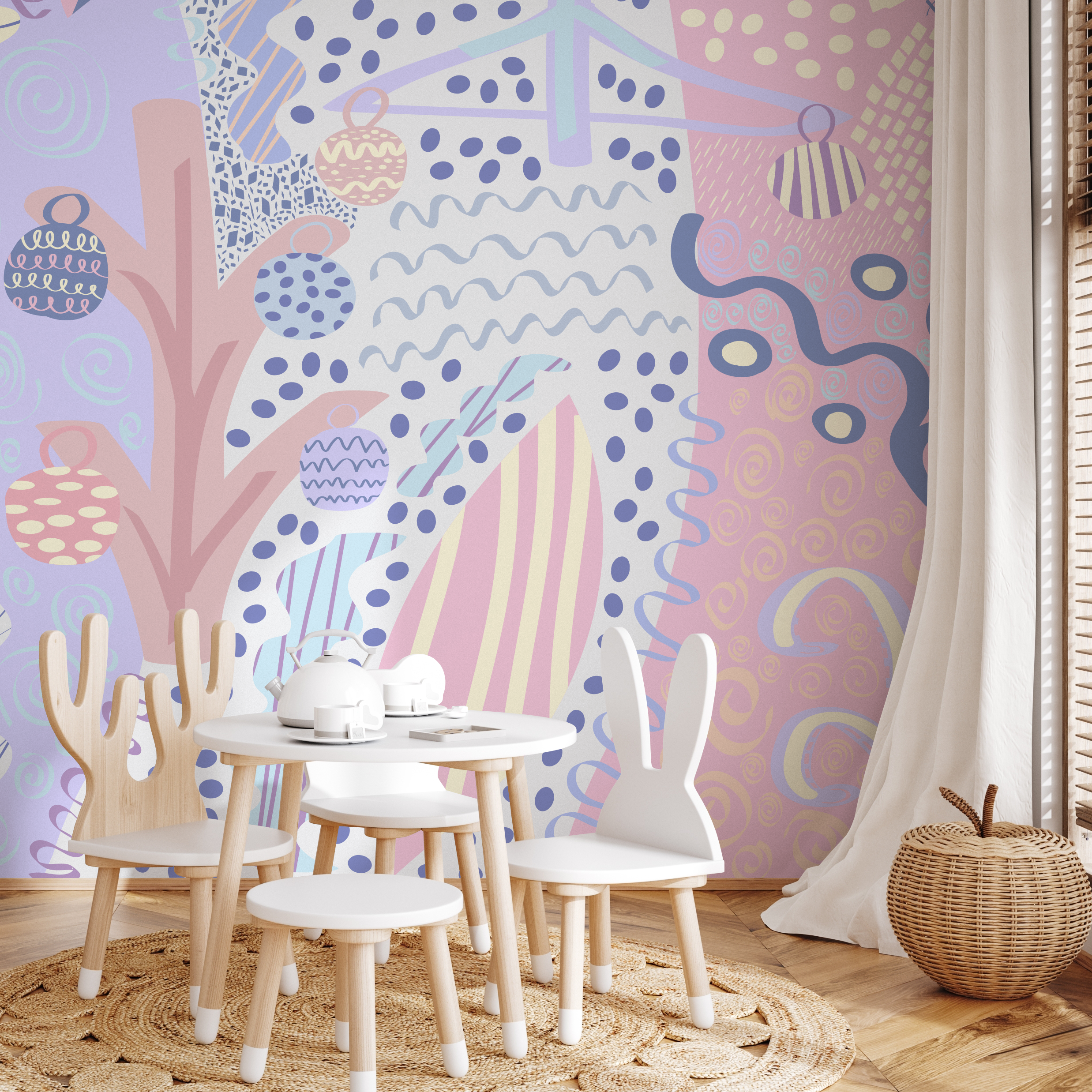 Abstract Wallpaper With Whimsical Doodles In Pink, Blue, And Lavender - B742