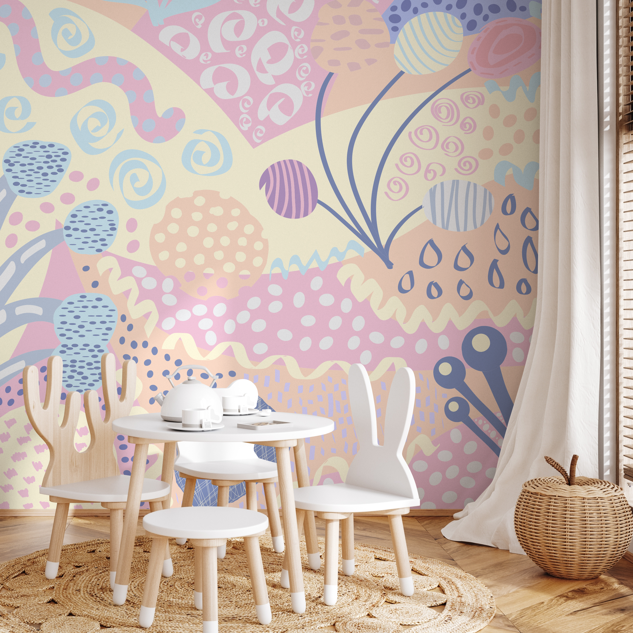 Abstract Wallpaper With Whimsical Shapes In Blue, Pink, And Yellow - B743