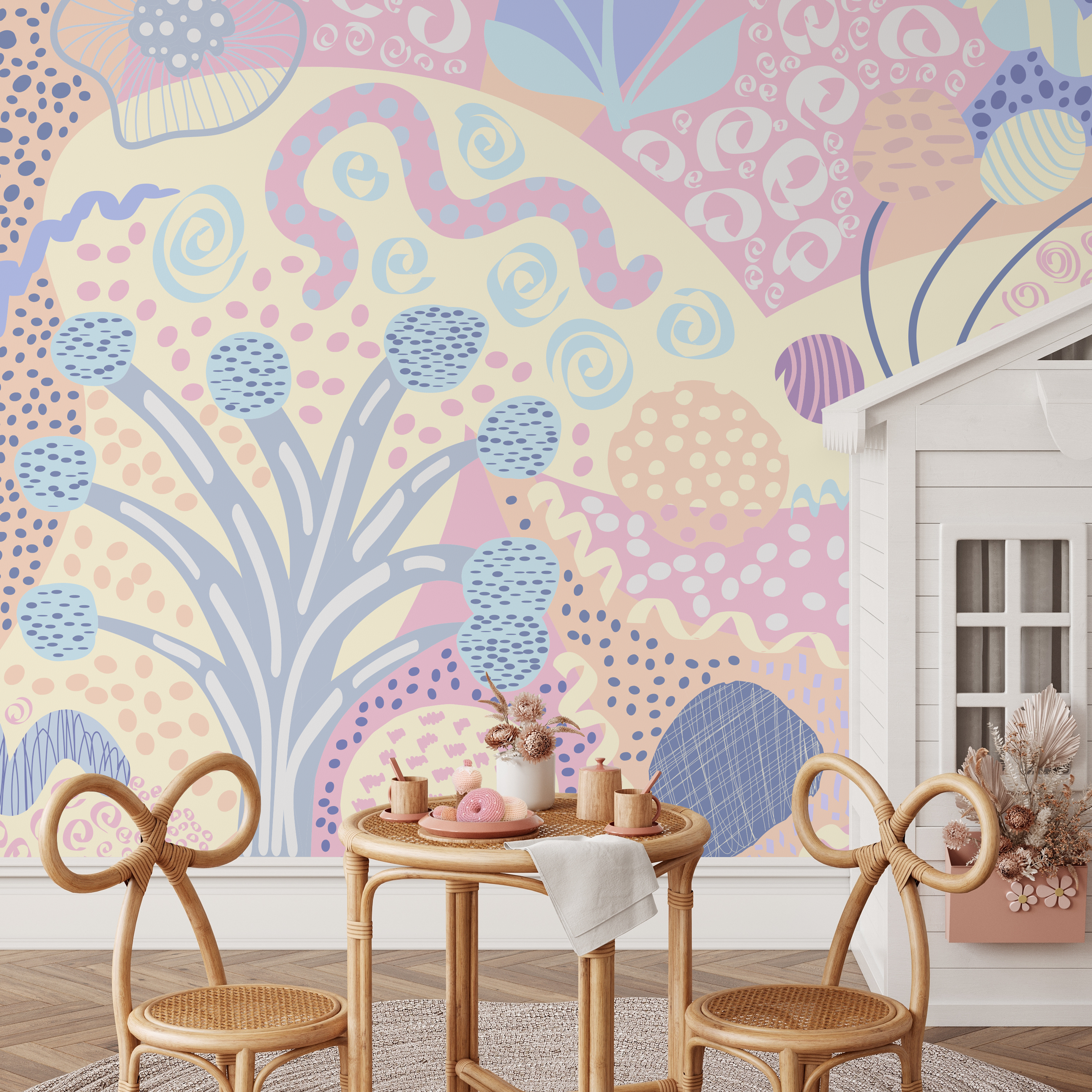 Abstract Wallpaper With Whimsical Shapes In Blue, Pink, And Yellow - B743