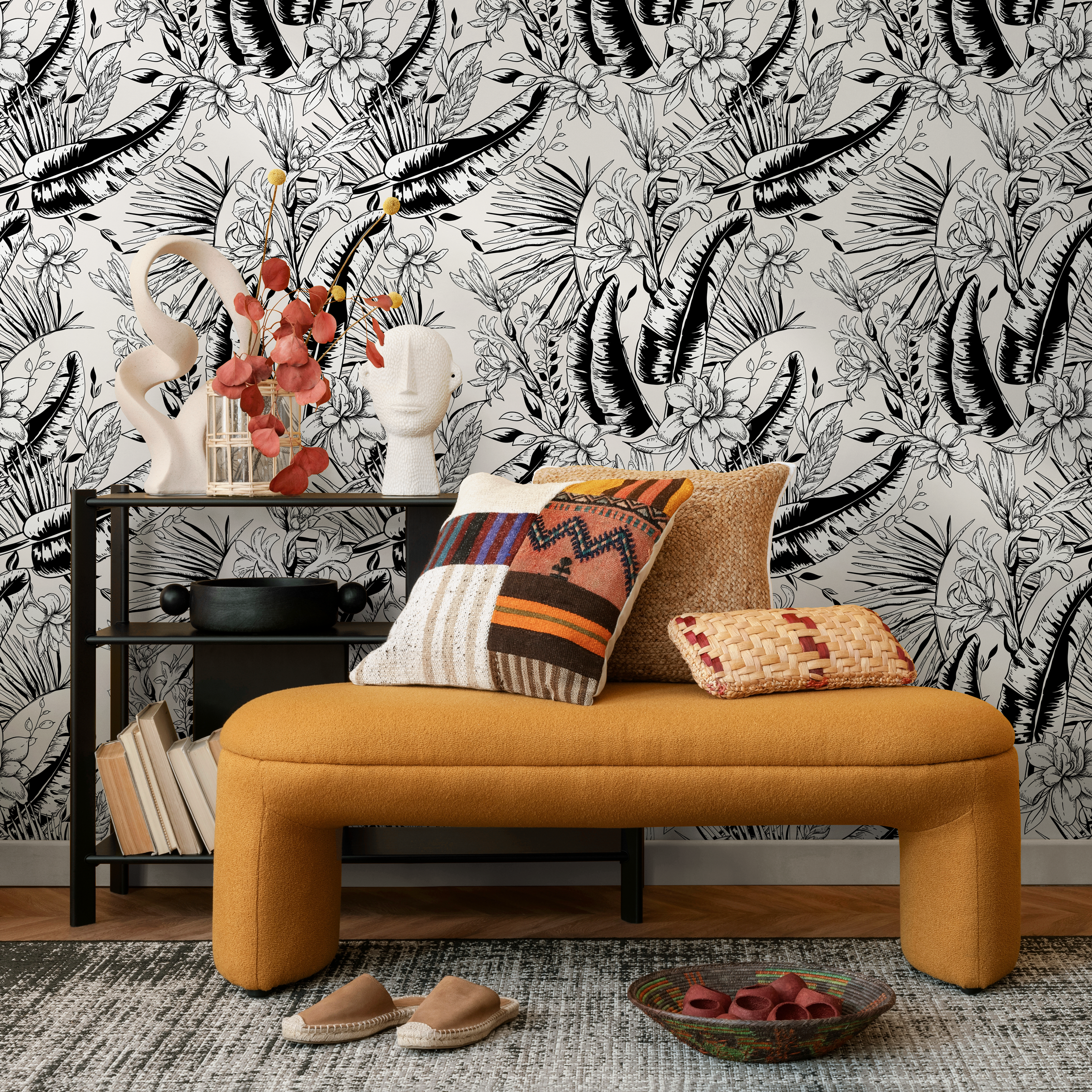 Tropical Wallpaper With Sketched Jungle Botanicals In Black And White - B744