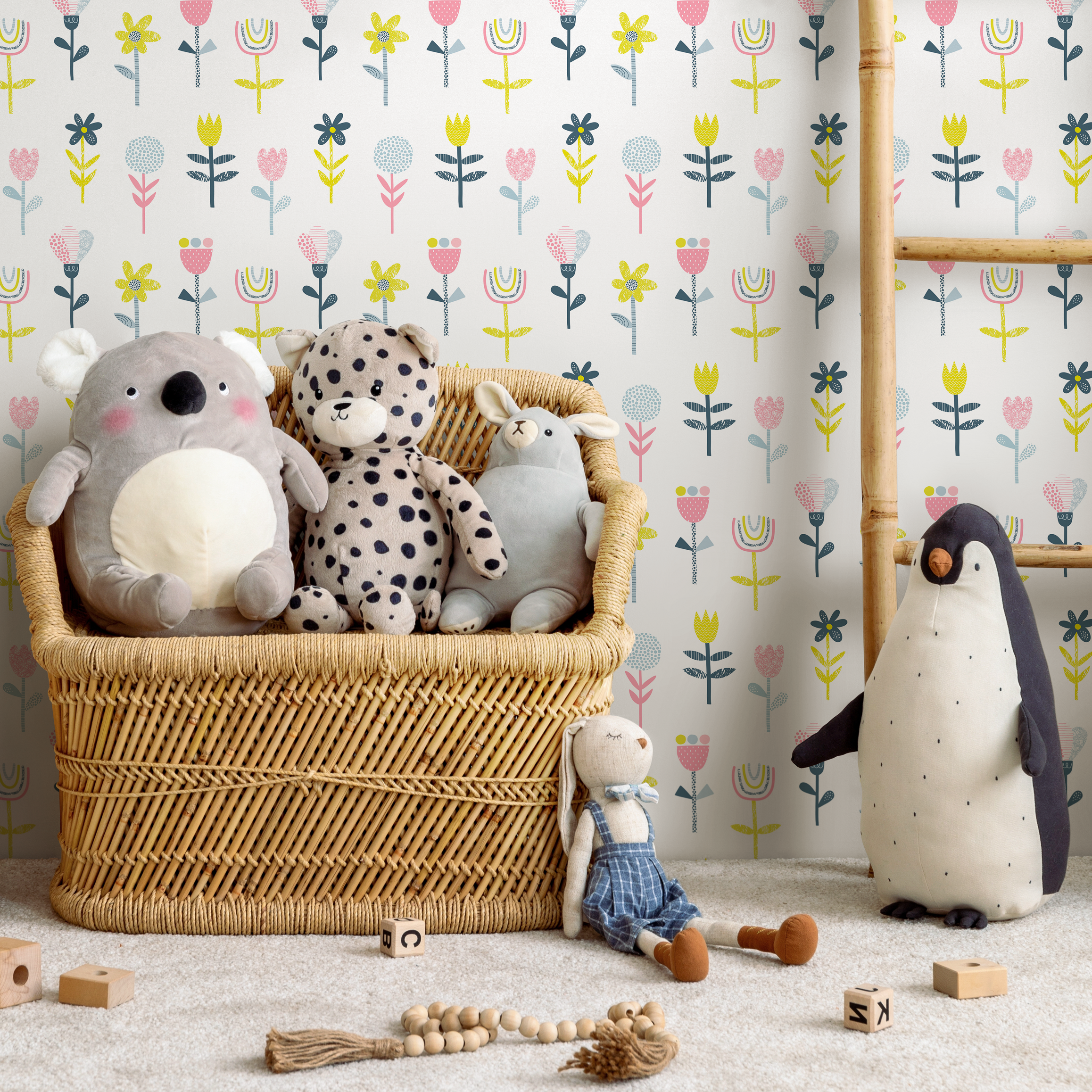 Floral Wallpaper With Scandinavian Folk Art Flowers In Pink, Yellow, And Blue - B745