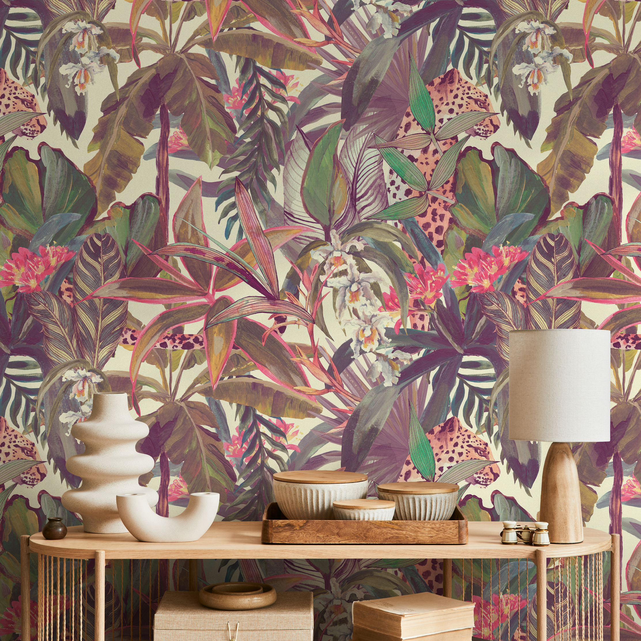 Jungle Wallpaper With A Painterly Leopard In Purple, Pink, And Green - B746