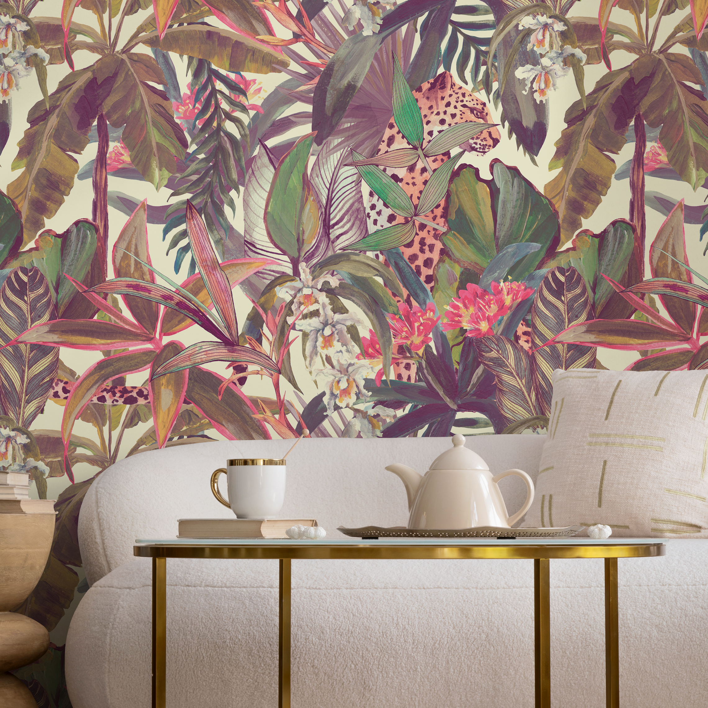 Jungle Wallpaper With A Painterly Leopard In Purple, Pink, And Green - B746