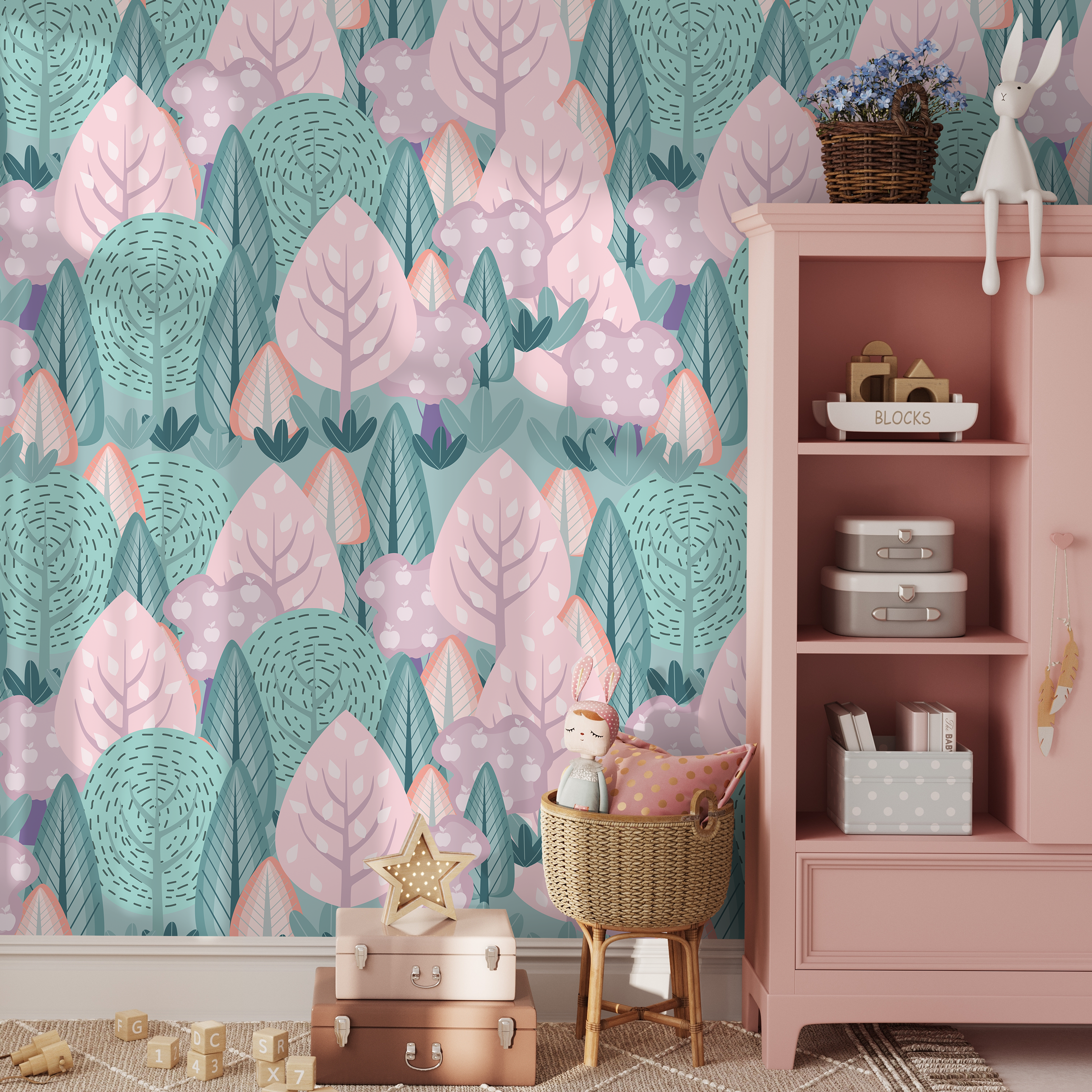 Forest Wallpaper With Stylized Apple Trees In Pink, Green, And Purple - B747