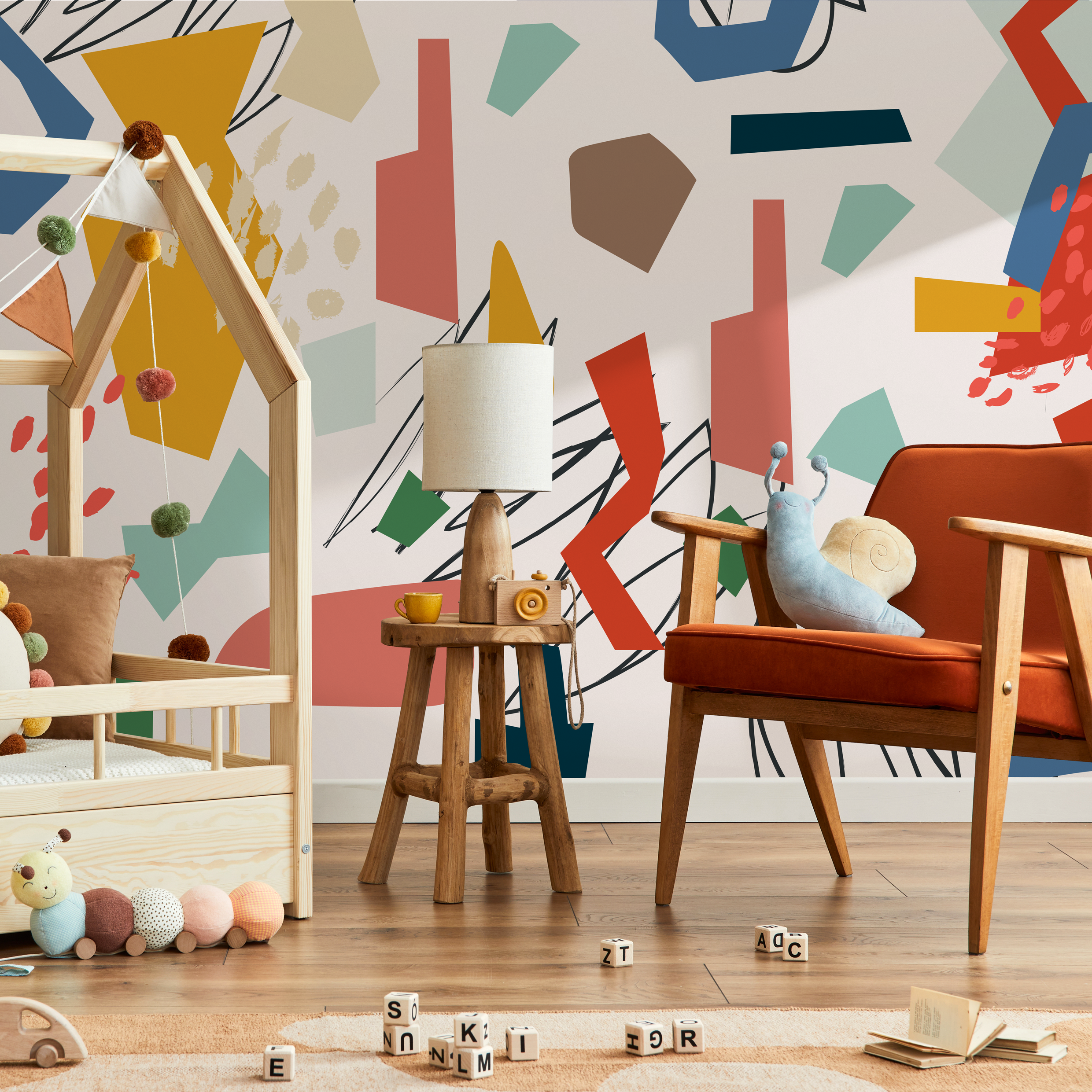 Abstract Wallpaper With A Colorful Cutout Motif In Red, Blue, And Yellow - B748