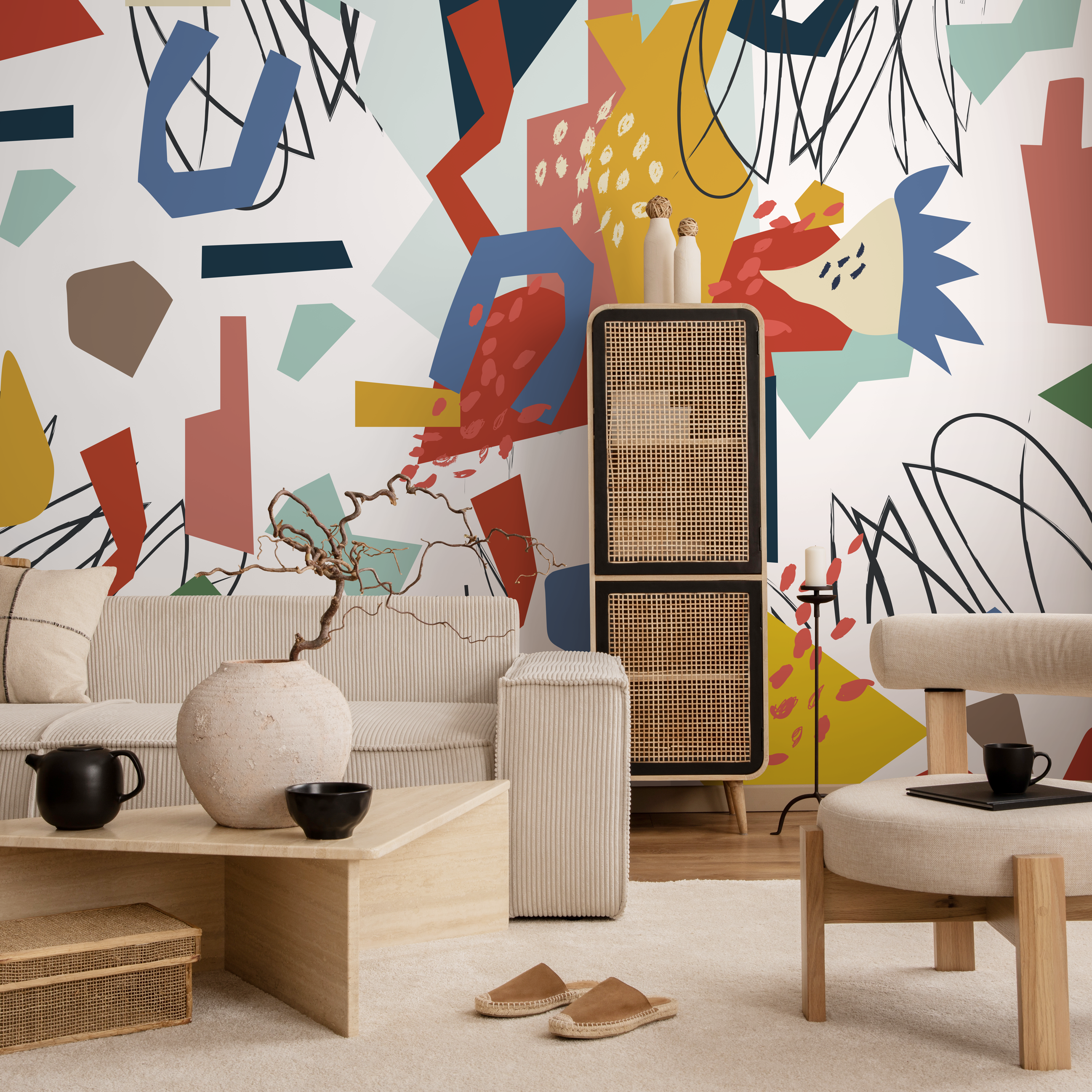 Abstract Wallpaper With A Colorful Cutout Motif In Red, Blue, And Yellow - B748