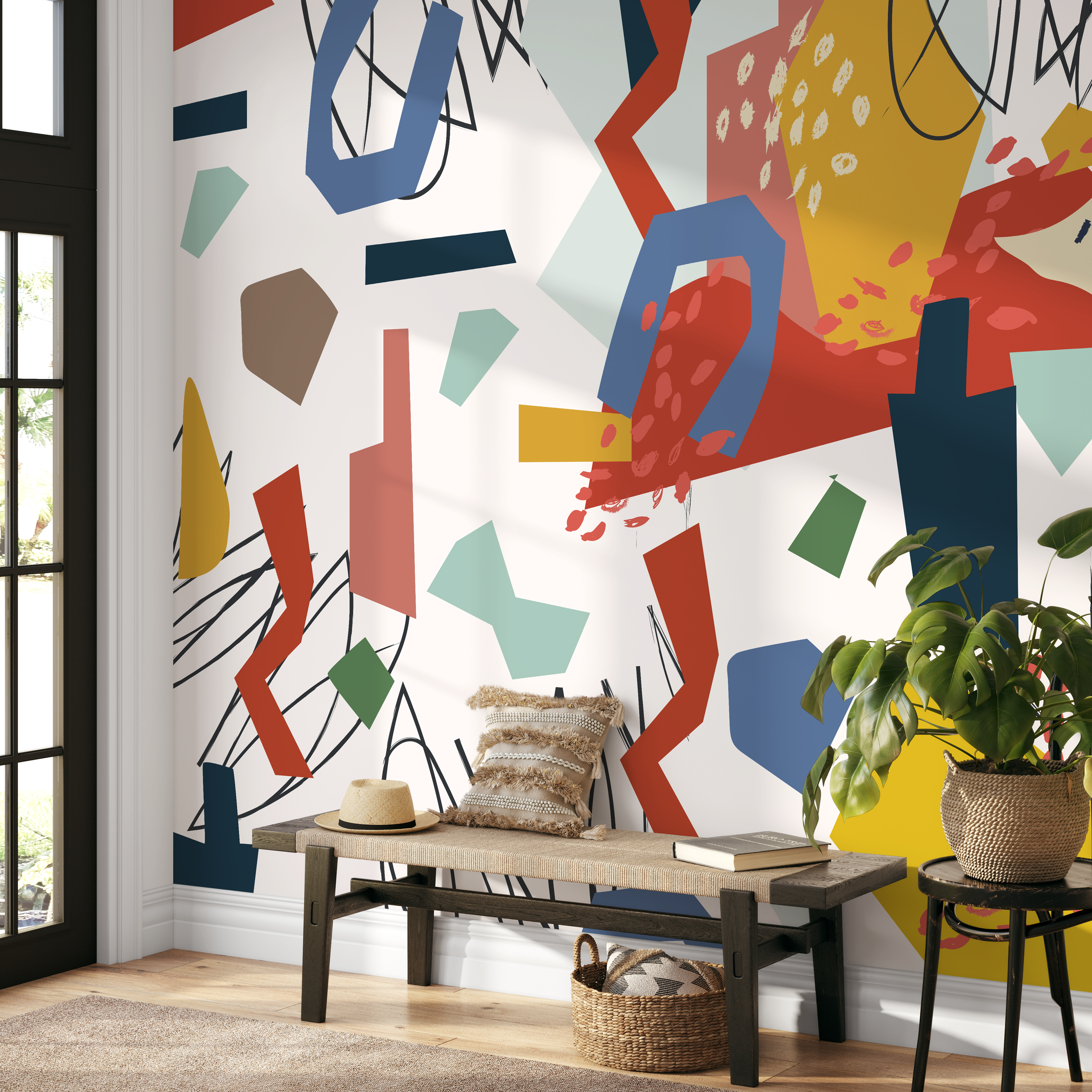 Abstract Wallpaper With A Colorful Cutout Motif In Red, Blue, And Yellow - B748