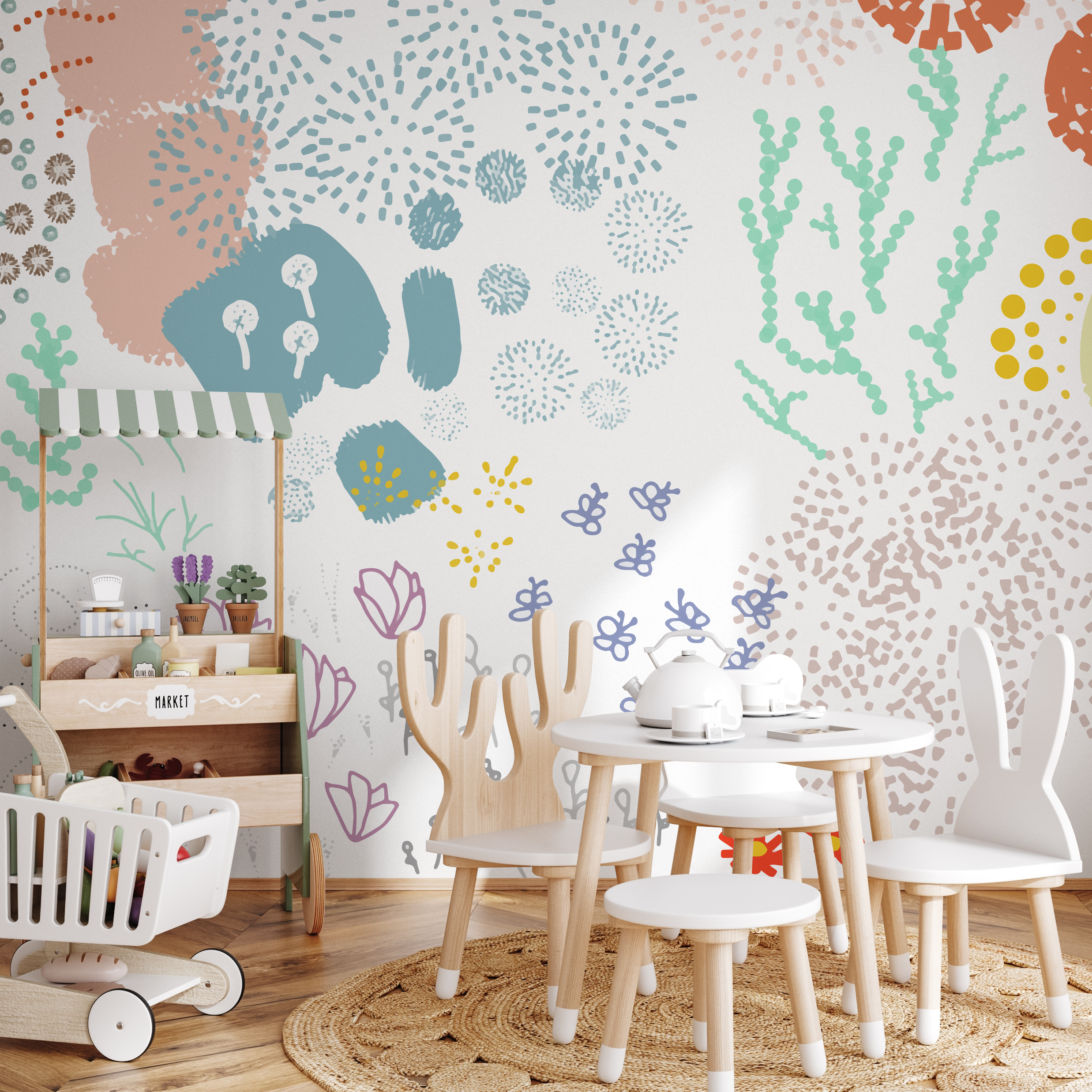 Abstract Wallpaper With Playful Doodles In Blue, Pink, And Green - B750