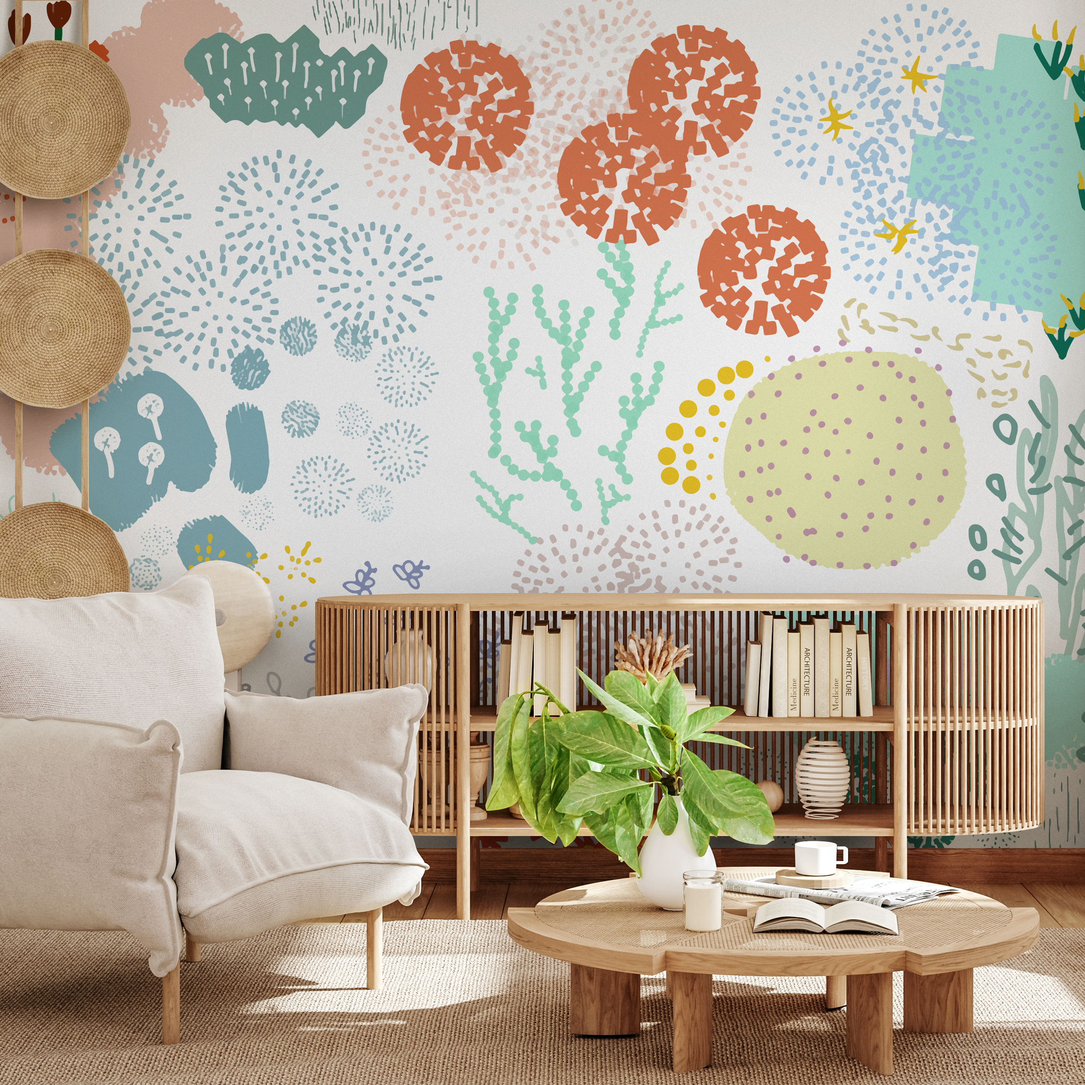 Abstract Wallpaper With Playful Doodles In Blue, Pink, And Green - B750