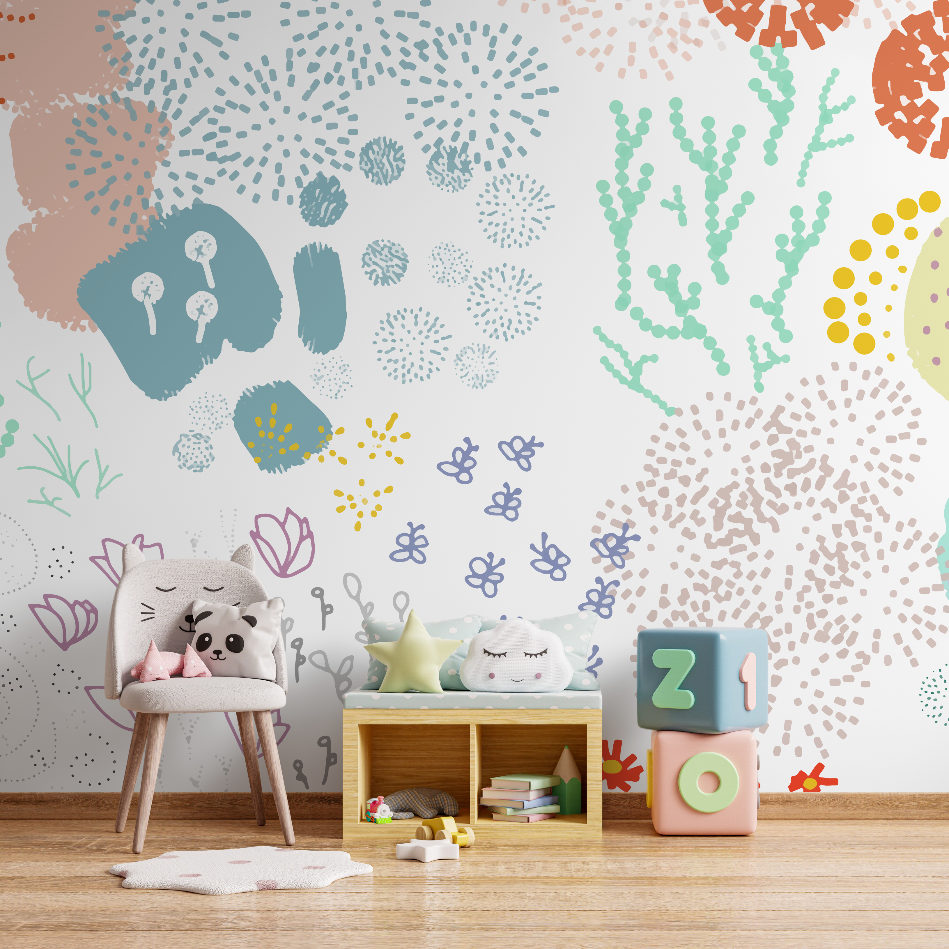 Abstract Wallpaper With Playful Doodles In Blue, Pink, And Green - B750