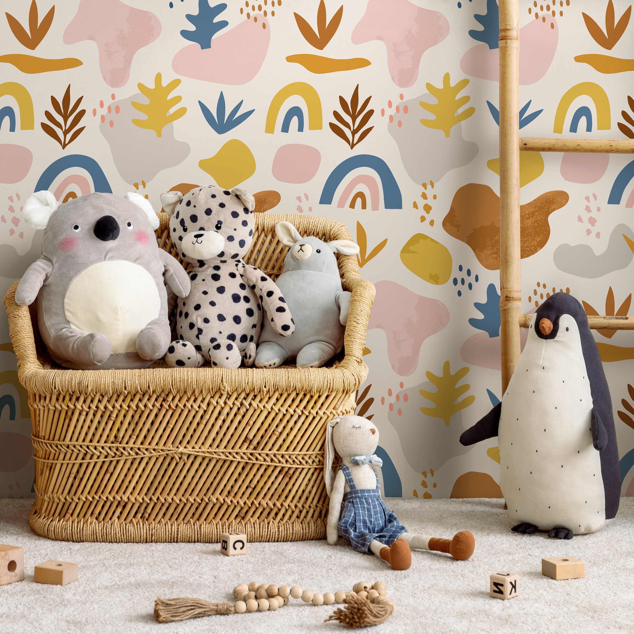 Abstract Wallpaper With Organic Shapes And Rainbows In Blue, Yellow, And Brown - B751