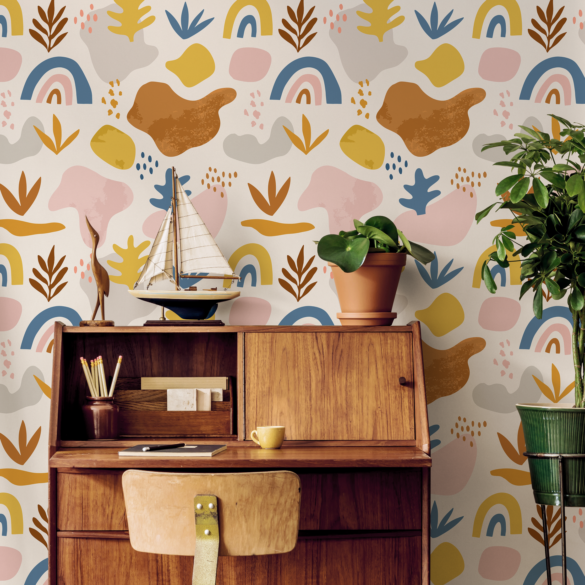 Abstract Wallpaper With Organic Shapes And Rainbows In Blue, Yellow, And Brown - B751