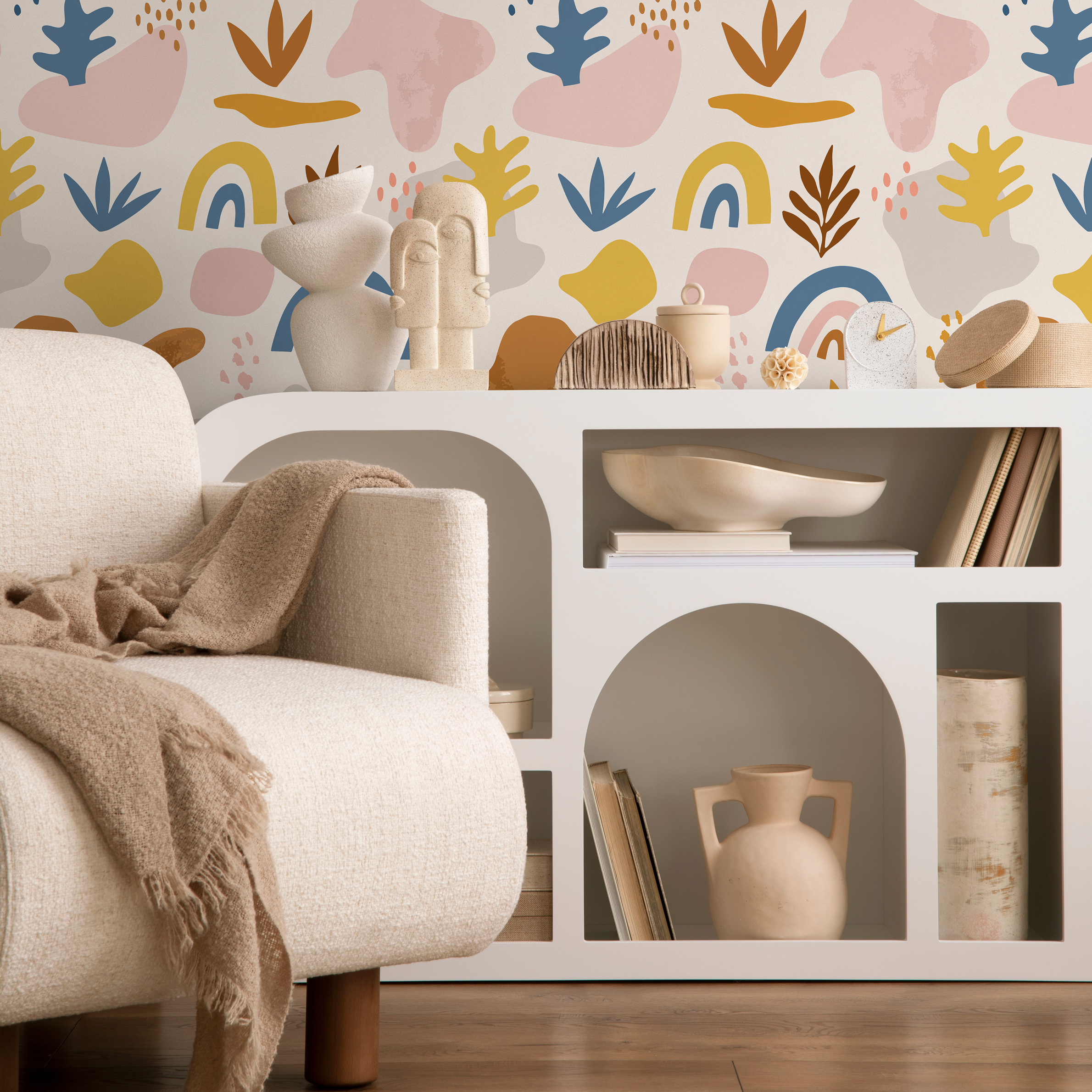 Abstract Wallpaper With Organic Shapes And Rainbows In Blue, Yellow, And Brown - B751