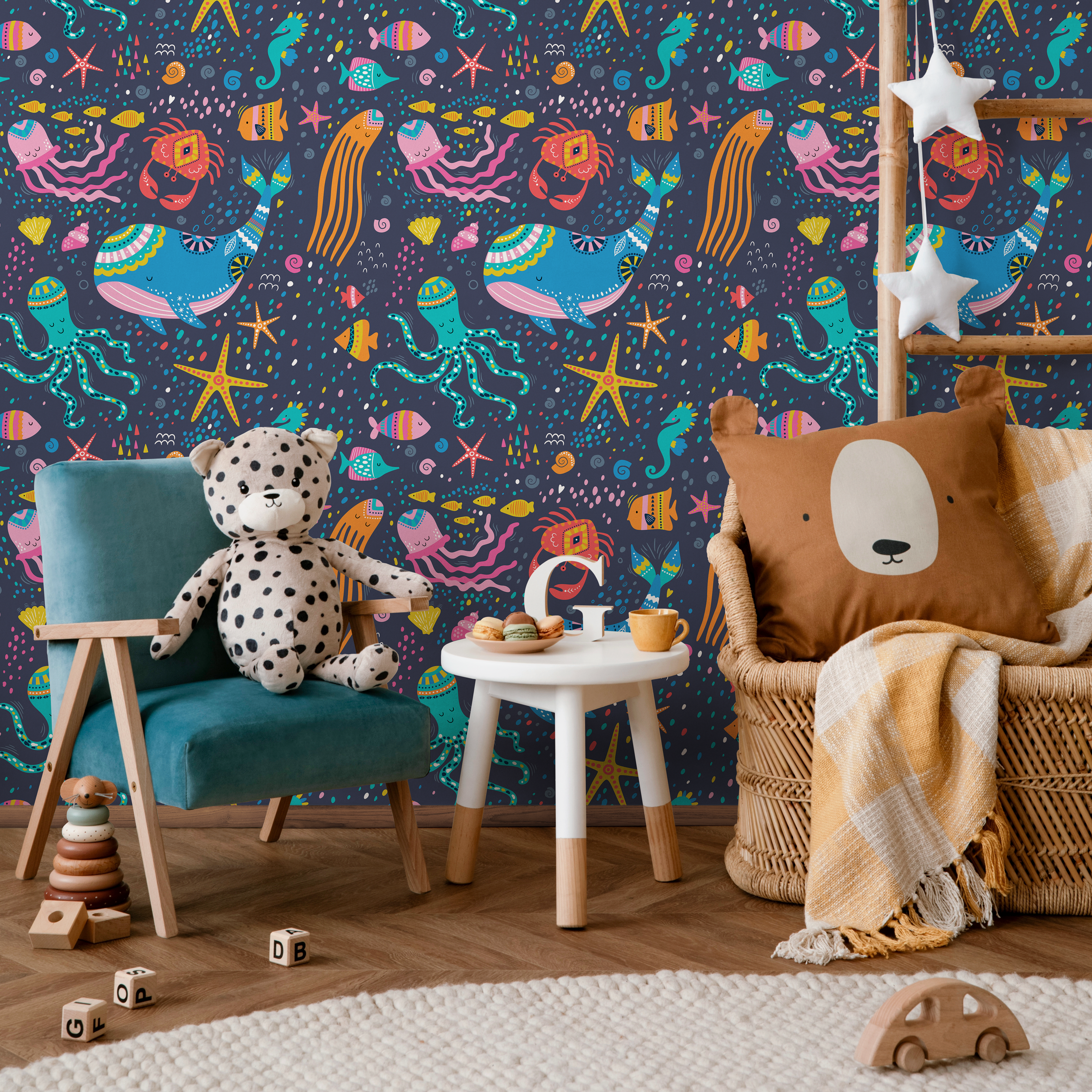 Sea Life Wallpaper Featuring Folk Art Sea Creatures In Blue, Pink, And Yellow - B752