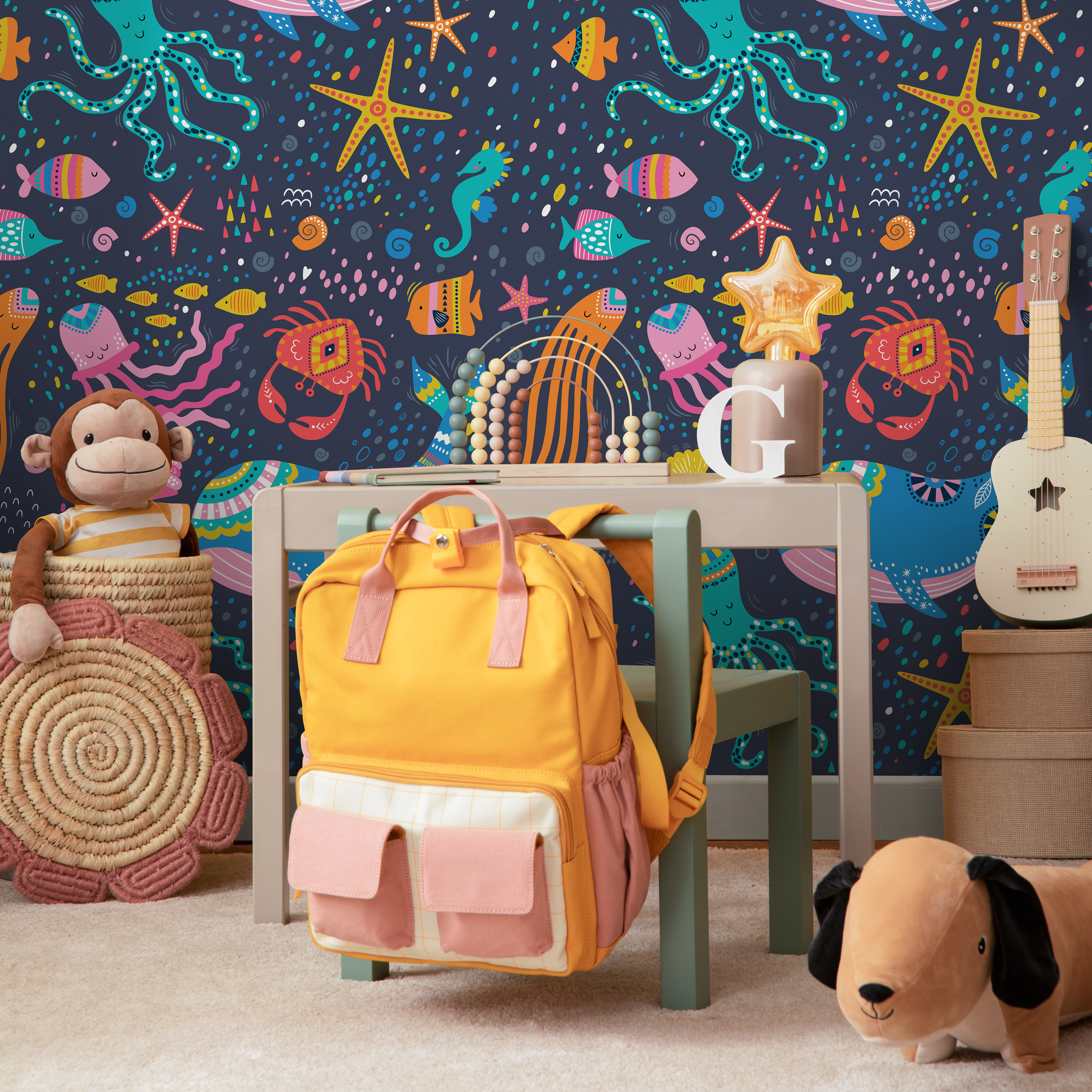 Sea Life Wallpaper Featuring Folk Art Sea Creatures In Blue, Pink, And Yellow - B752