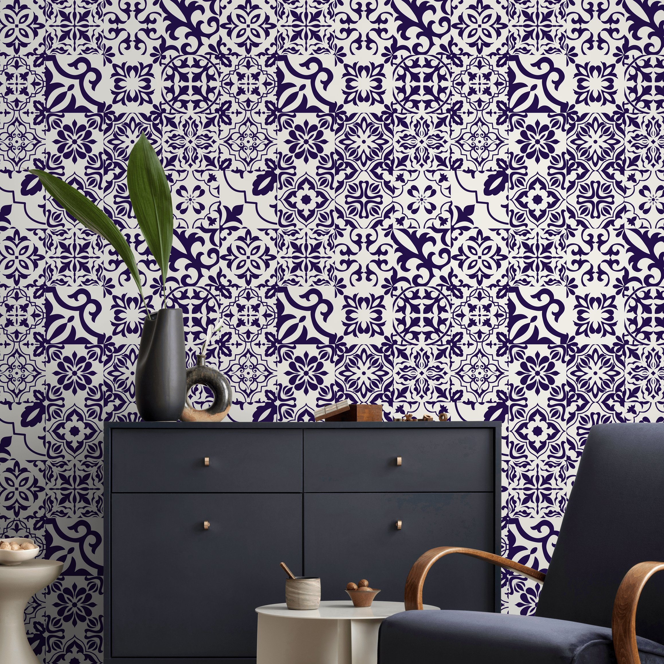 Tile Wallpaper With Ornate Mediterranean Motifs In Navy Blue - B753