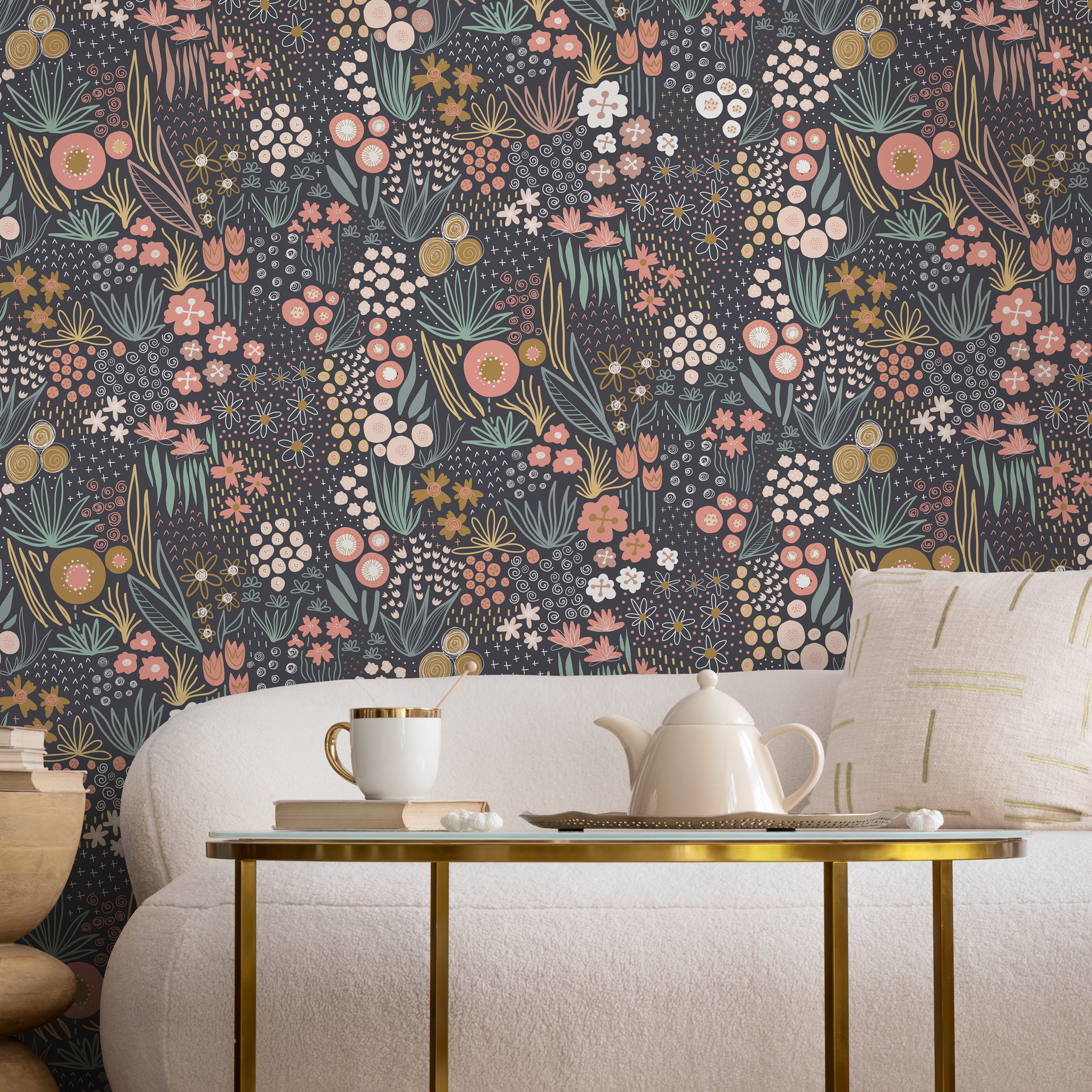 Botanical Wallpaper With A Whimsical Meadow In Pink, Green, And Yellow - B754