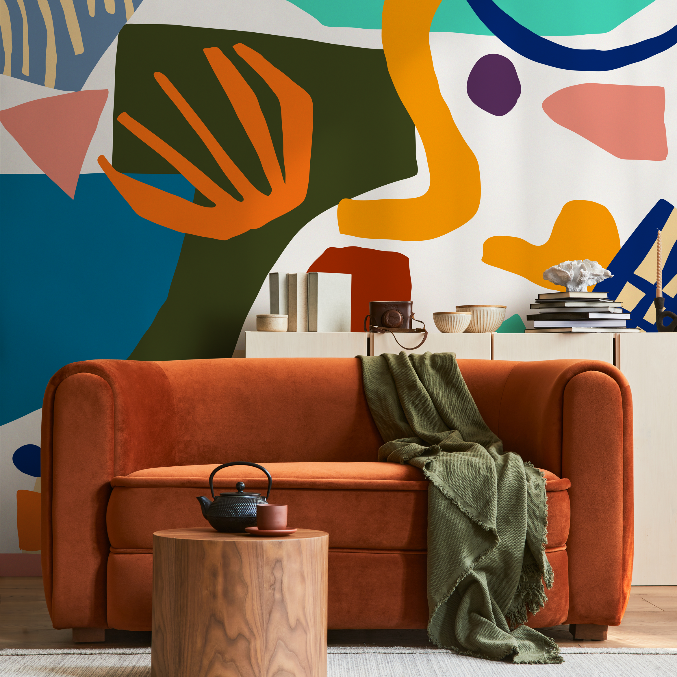 Abstract Wallpaper With A Collage Of Bold Shapes In Blue, Orange, And Yellow - B755