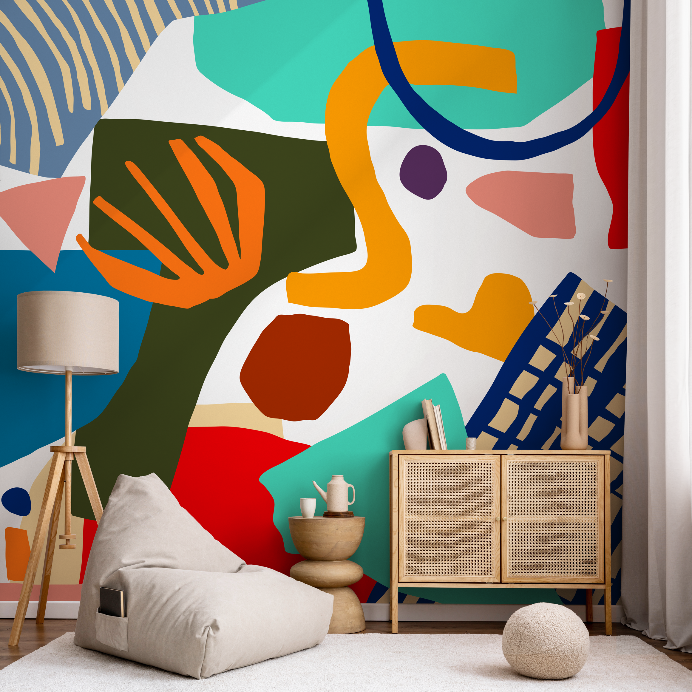 Abstract Wallpaper With A Collage Of Bold Shapes In Blue, Orange, And Yellow - B755