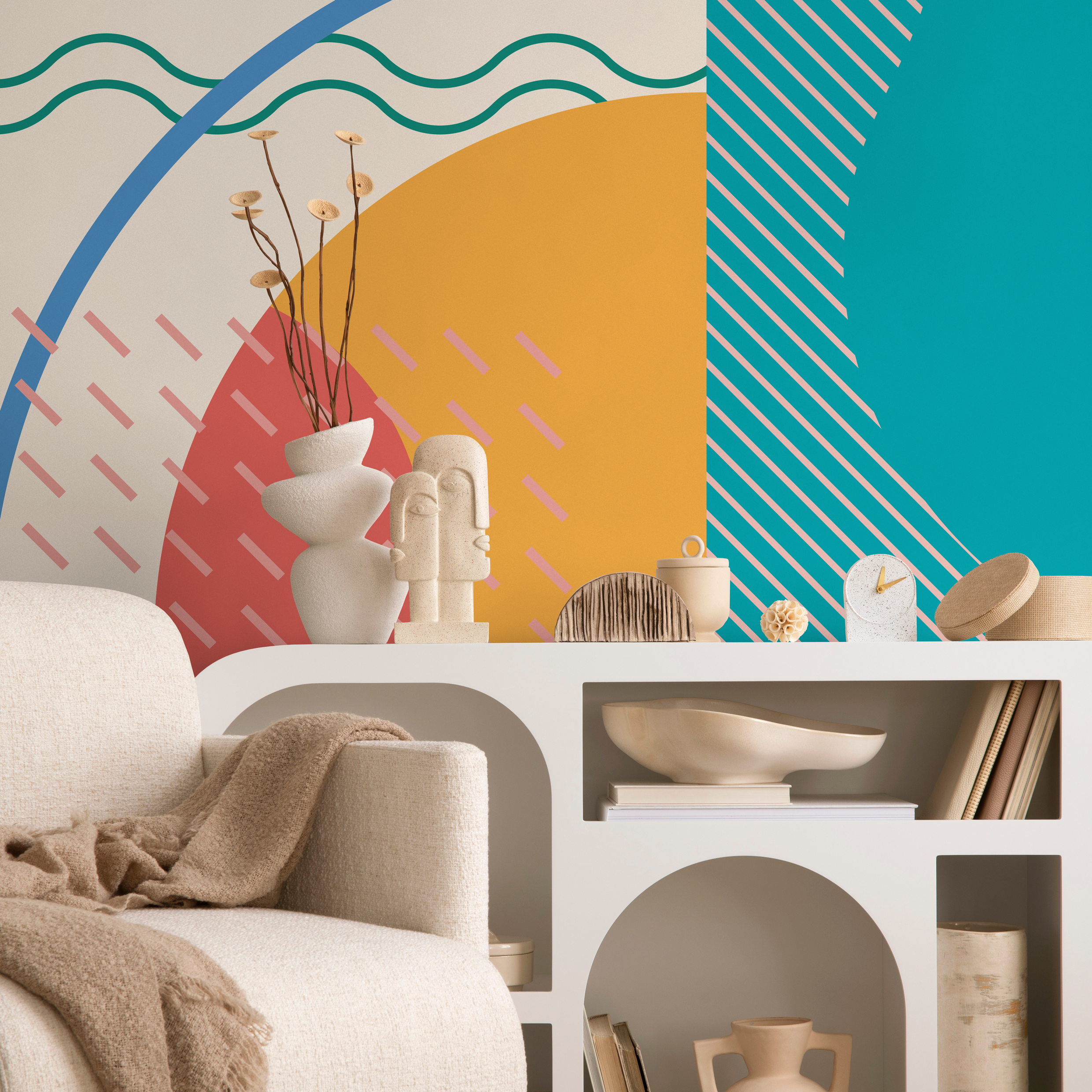 Abstract Wallpaper With Colorful Geometric Shapes In Teal, Red, And Yellow - B757