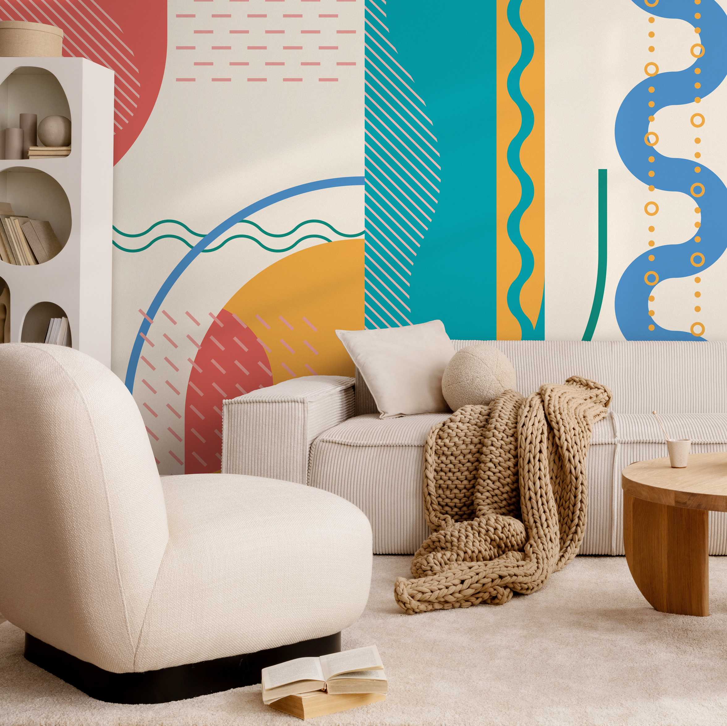 Abstract Wallpaper With Colorful Geometric Shapes In Teal, Red, And Yellow - B757