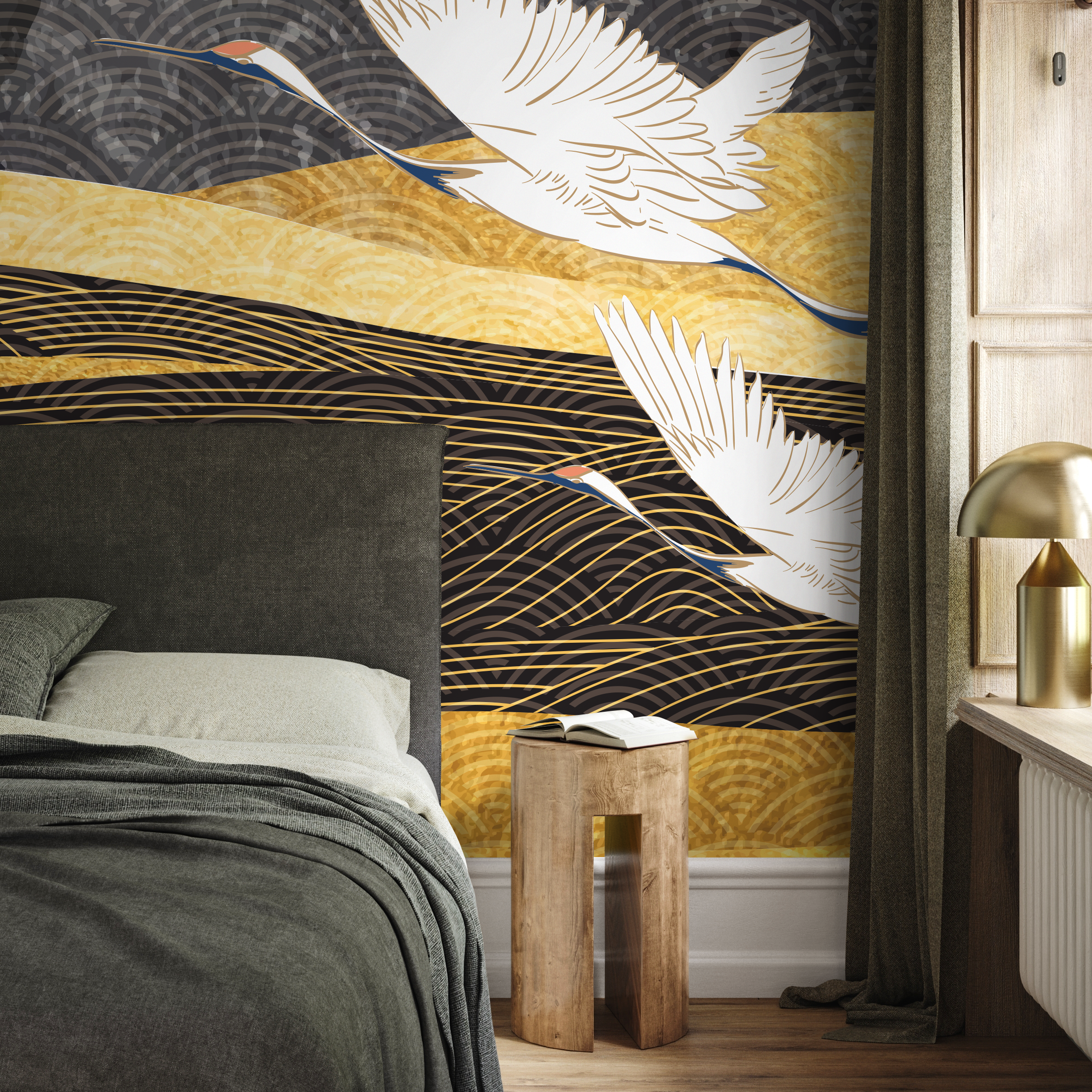 Japanese Wallpaper With Flying Cranes In Black, Gold, And White - B758