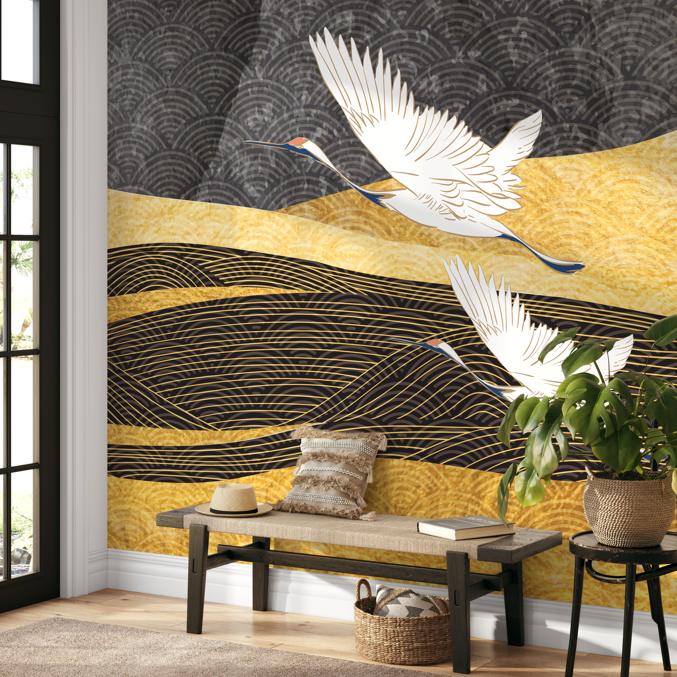 Japanese Wallpaper With Flying Cranes In Black, Gold, And White - B758